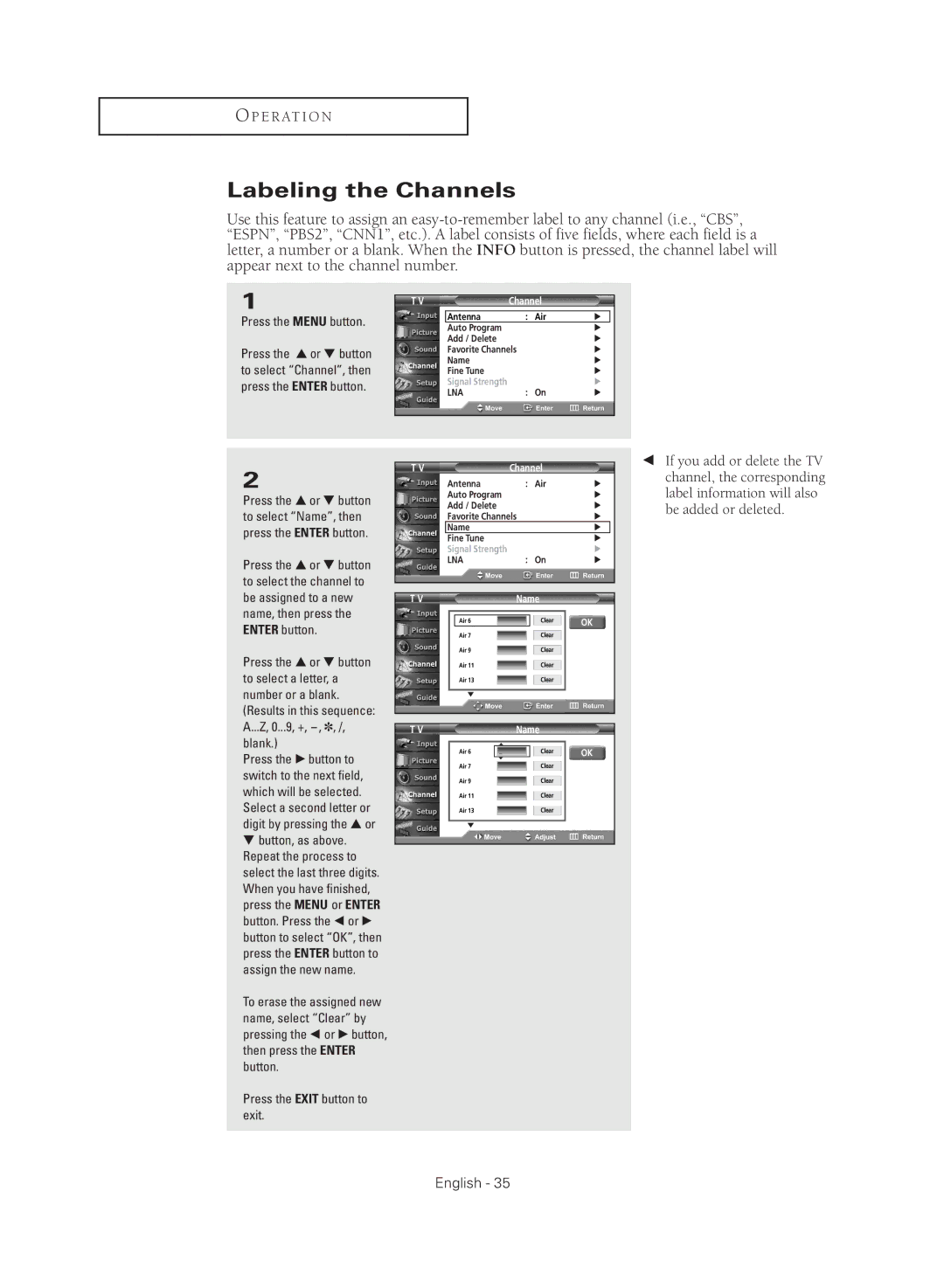 Samsung TX R2779H manual Labeling the Channels, Name 