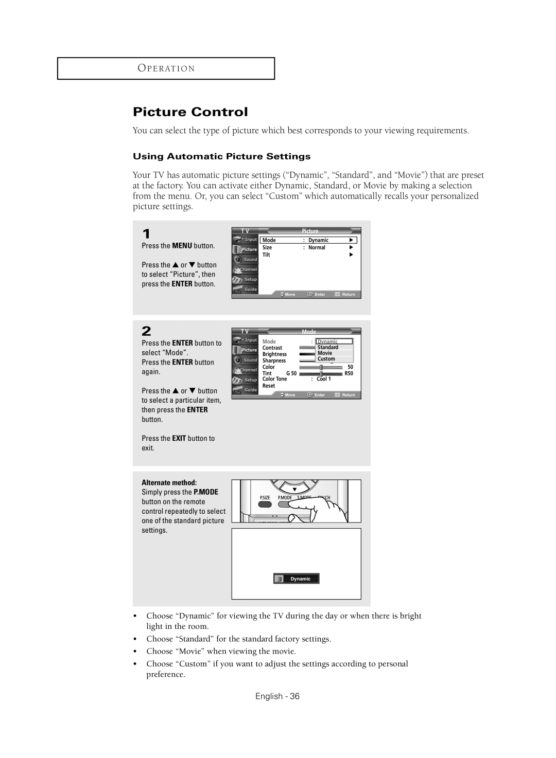 Samsung TX R2779H manual Picture Control, Using Automatic Picture Settings, Press the Enter button again 