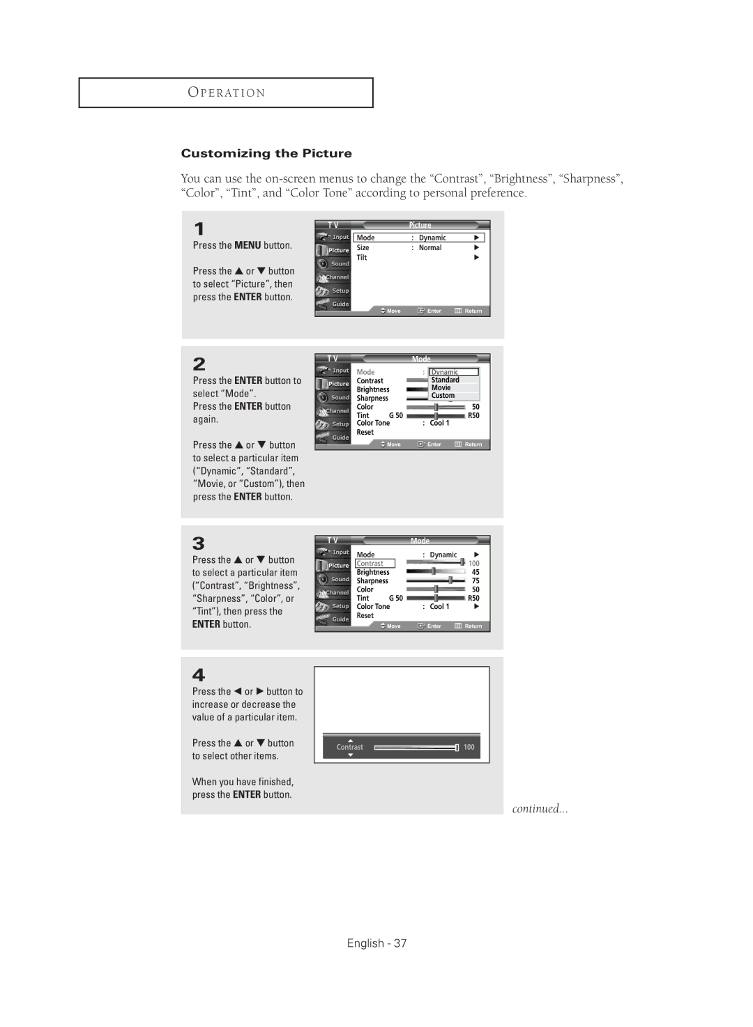 Samsung TX R2779H manual Customizing the Picture, Mode 