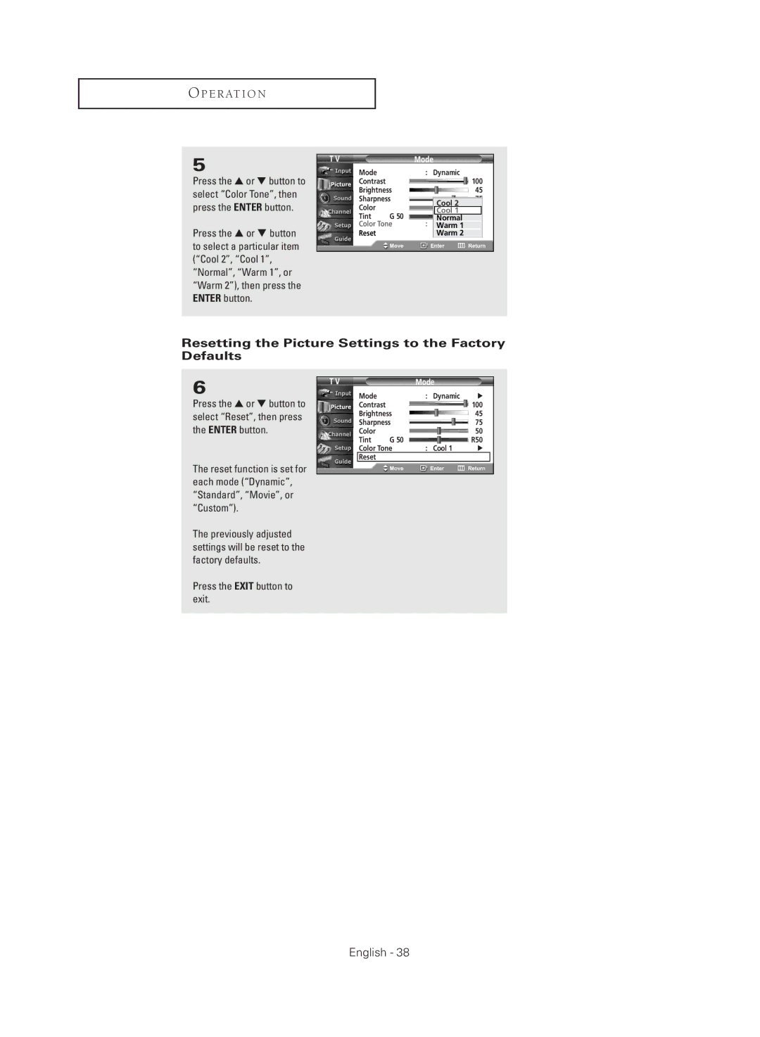 Samsung TX R2779H manual Resetting the Picture Settings to the Factory Defaults 