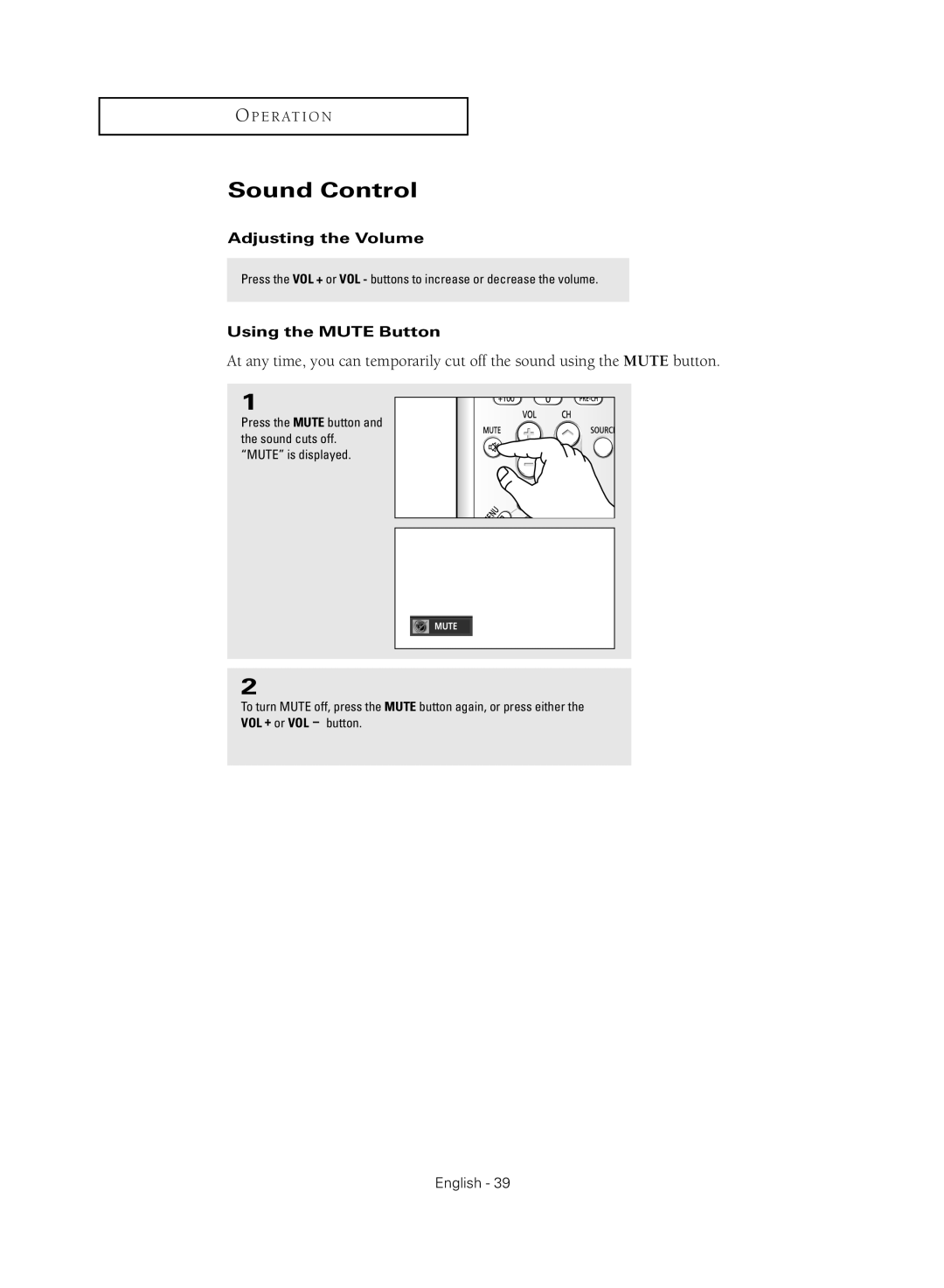 Samsung TX R2779H manual Sound Control, Adjusting the Volume, Using the Mute Button 