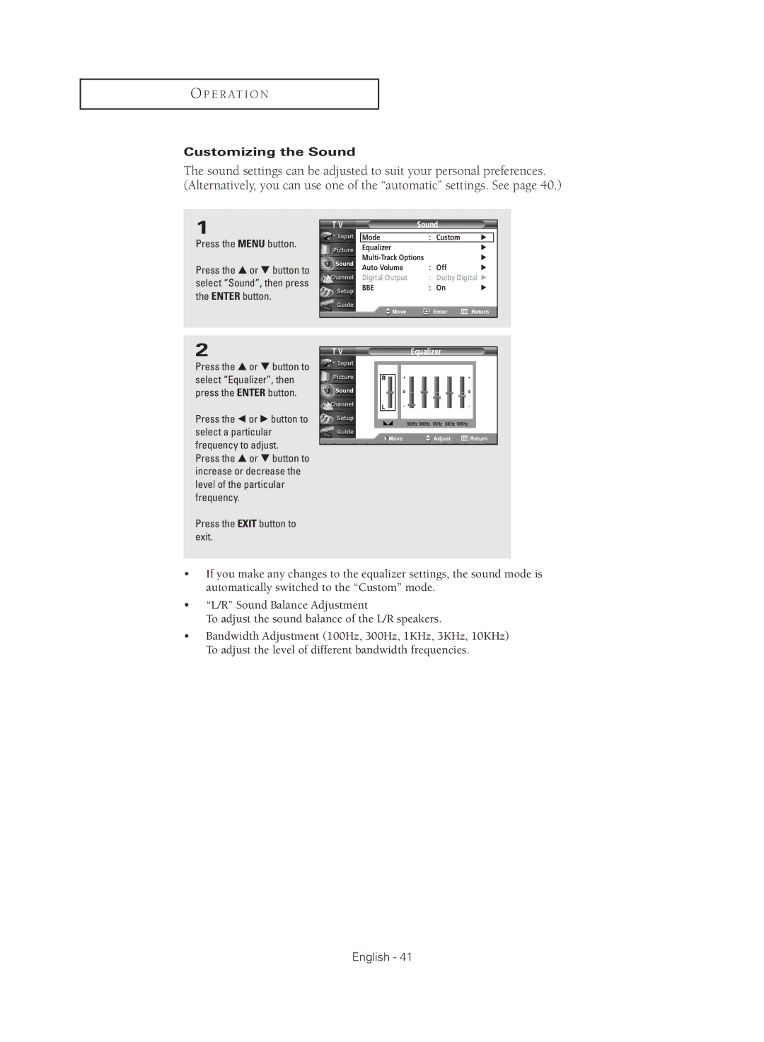 Samsung TX R2779H manual Customizing the Sound, Equalizer 