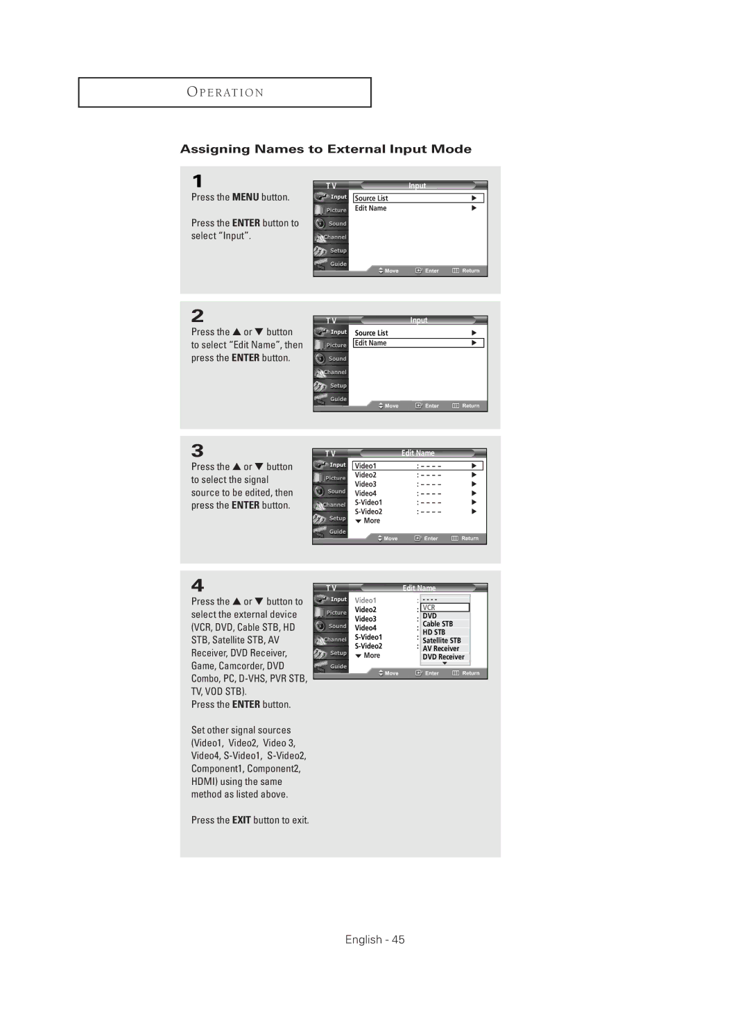 Samsung TX R2779H manual Assigning Names to External Input Mode, Press the Enter button, Edit Name 