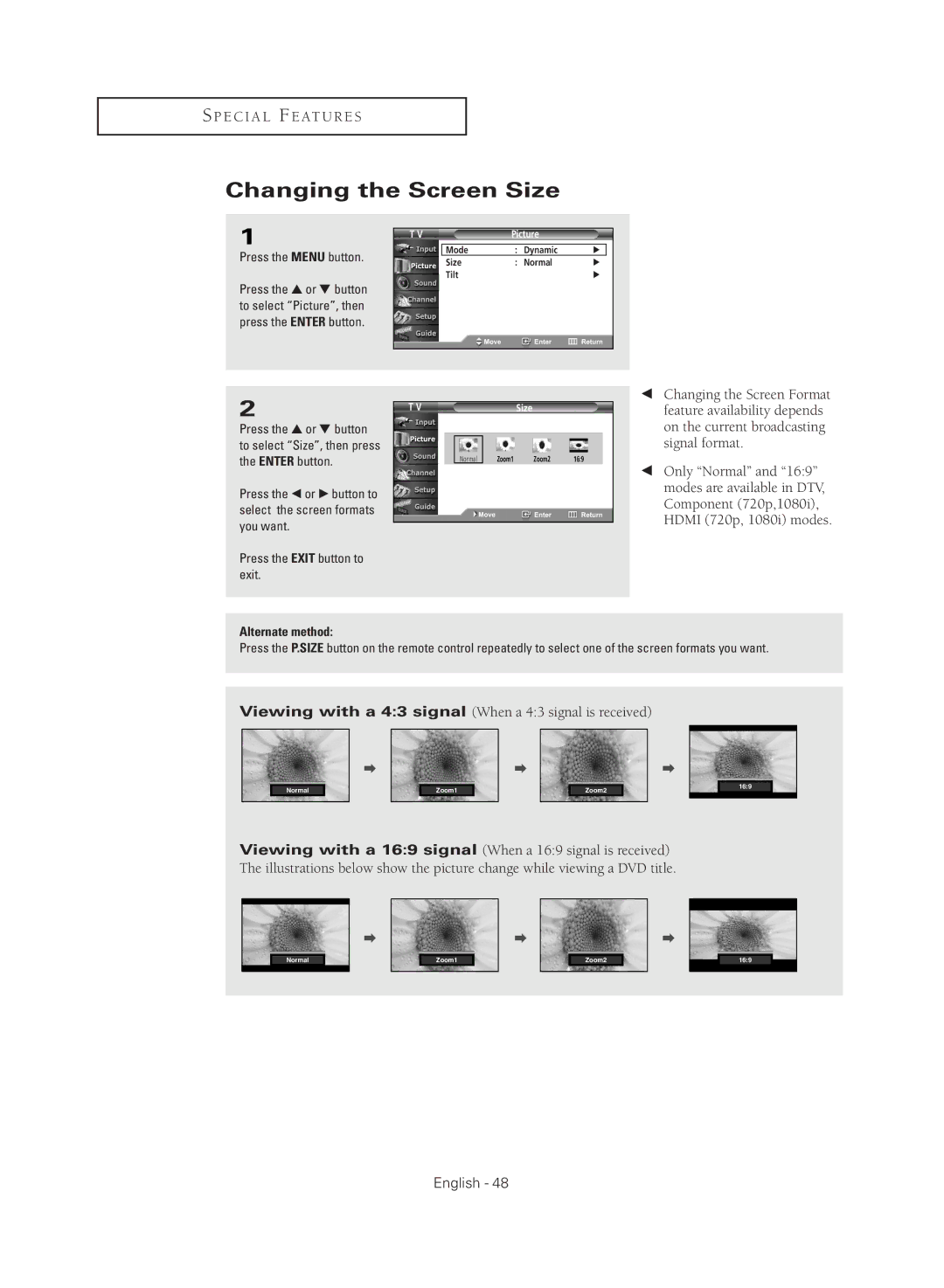 Samsung TX R2779H manual Changing the Screen Size 