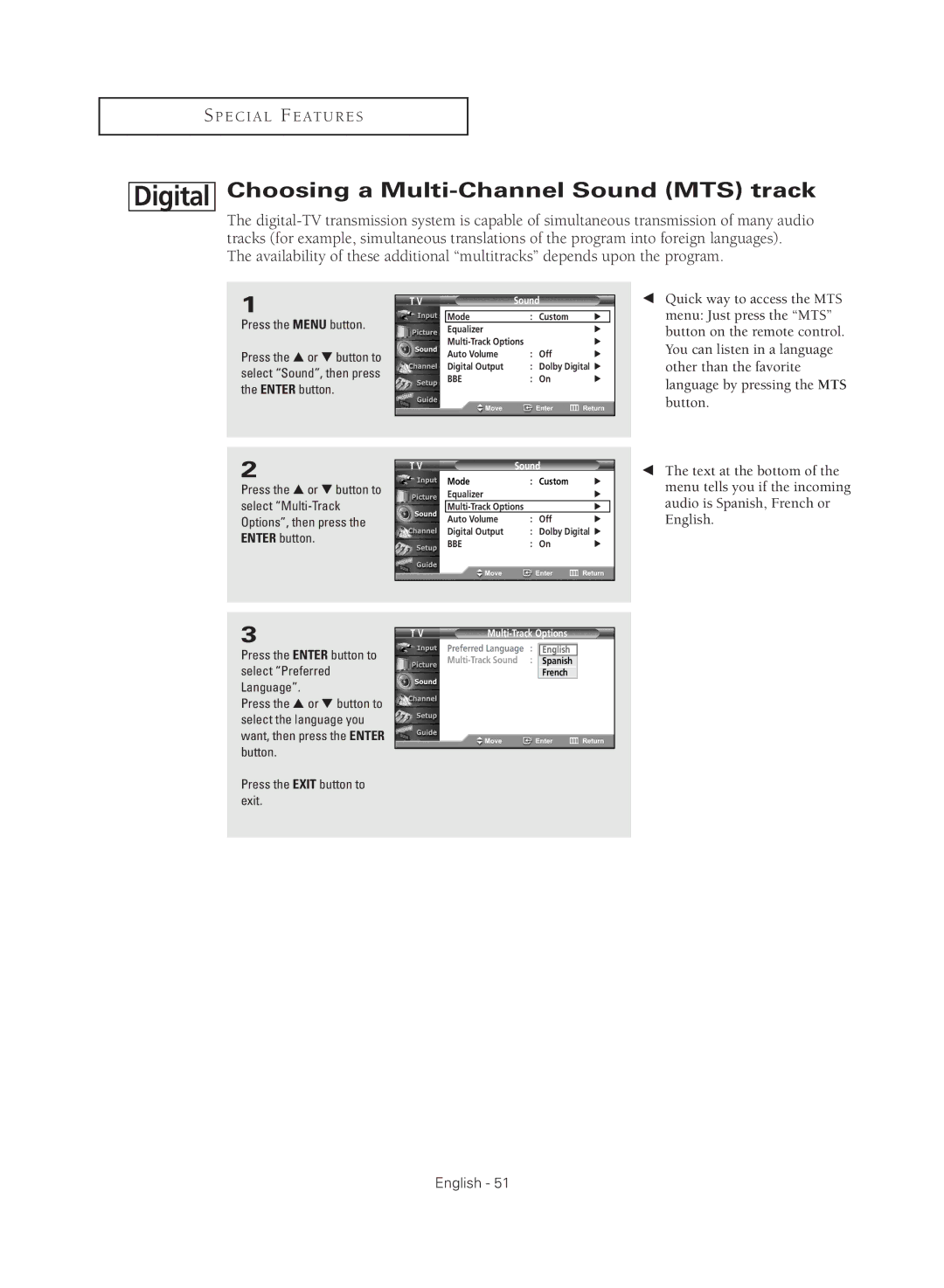 Samsung TX R2779H manual Choosing a Multi-Channel Sound MTS track, Press the Enter button to select Preferred Language 