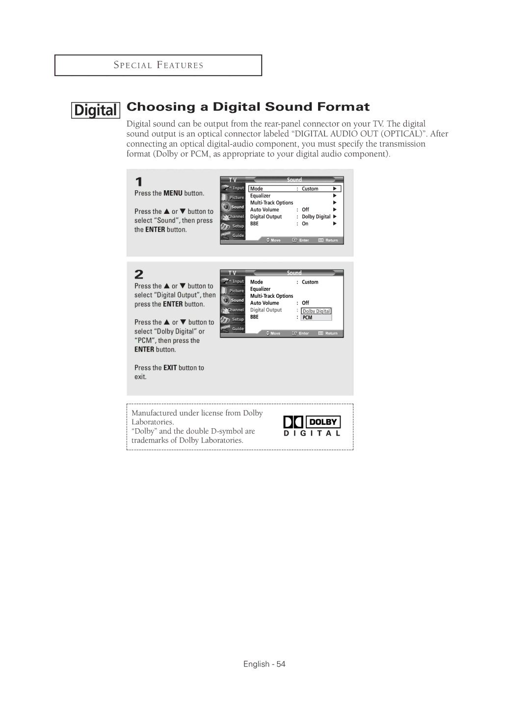 Samsung TX R2779H manual Choosing a Digital Sound Format 