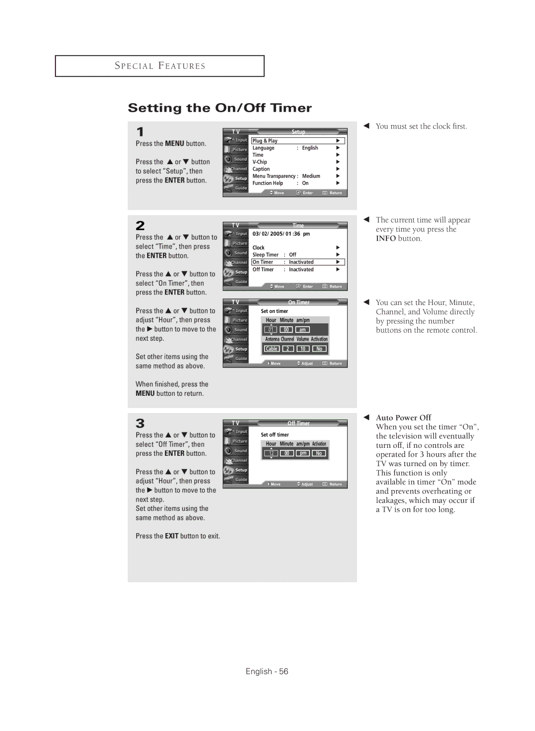 Samsung TX R2779H manual Setting the On/Off Timer, You must set the clock first 