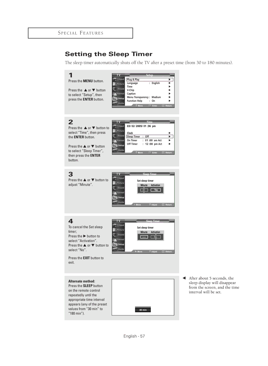 Samsung TX R2779H manual Setting the Sleep Timer, Press the … or † button to, Adjust Minute, To cancel the Set sleep timer 