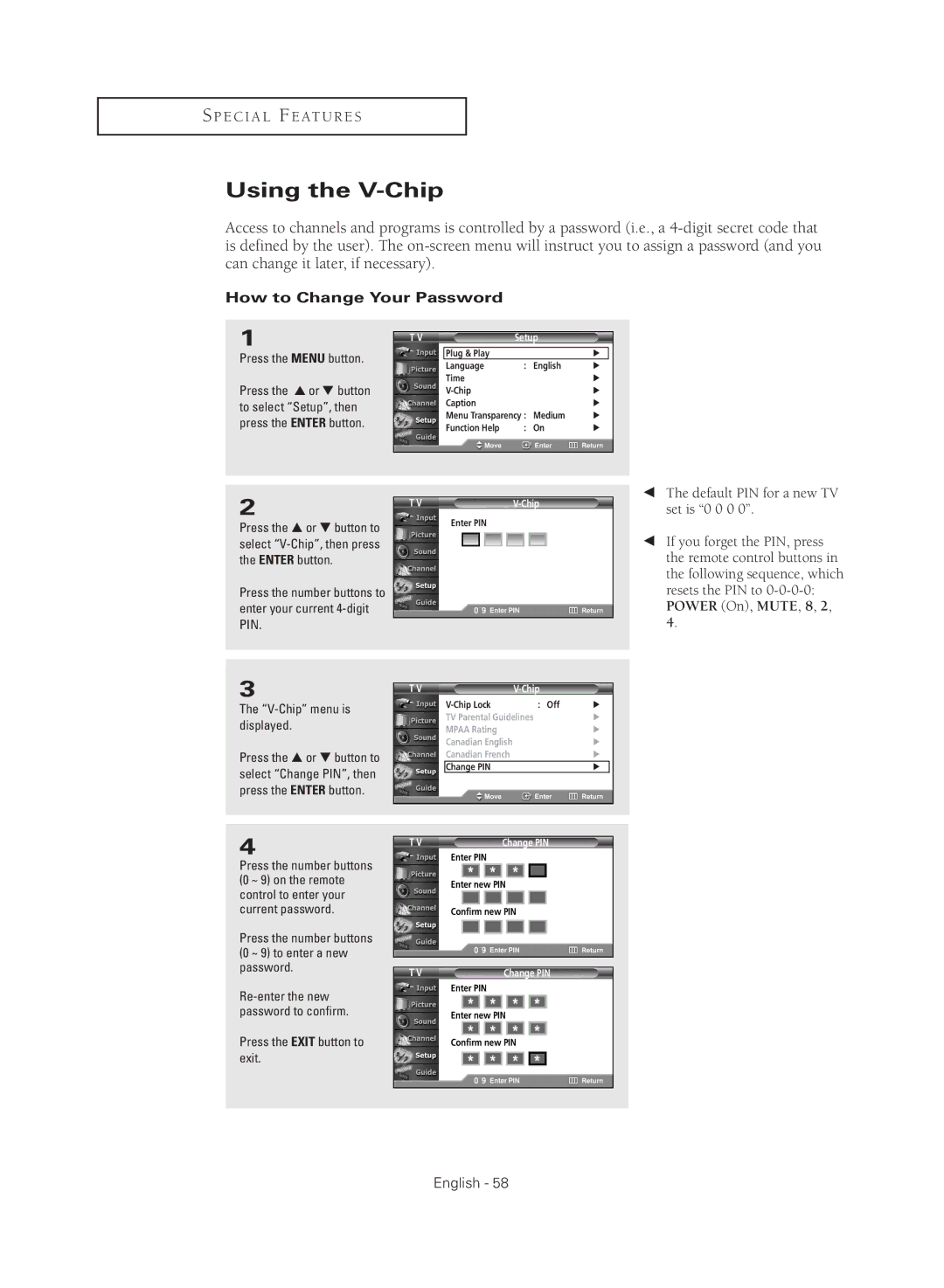 Samsung TX R2779H manual Using the V-Chip, How to Change Your Password, V-Chip menu is displayed 