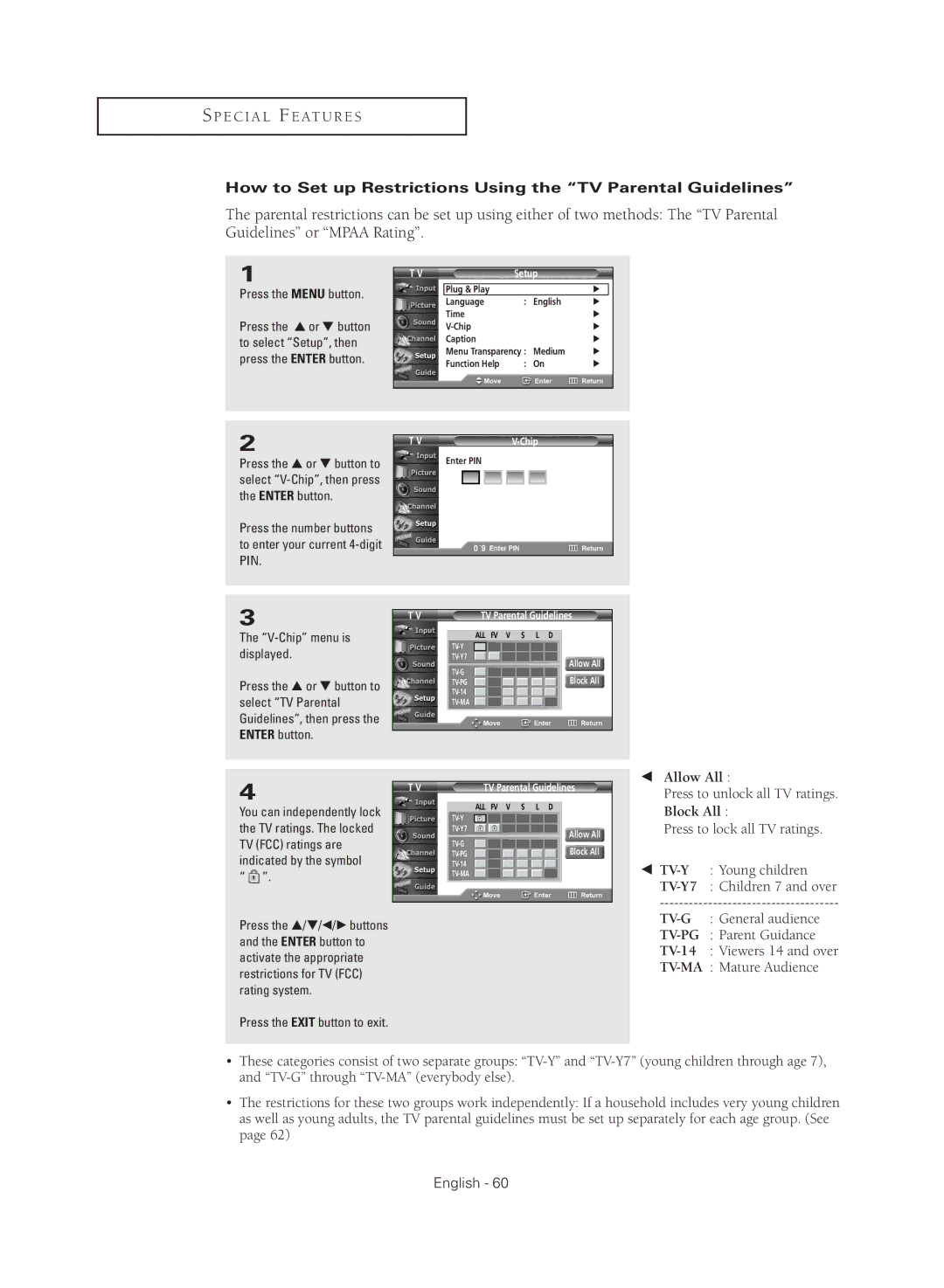 Samsung TX R2779H manual How to Set up Restrictions Using the TV Parental Guidelines 