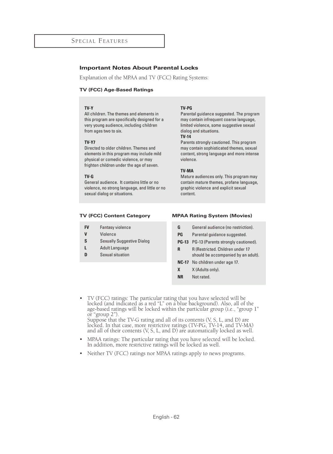 Samsung TX R2779H manual Explanation of the Mpaa and TV FCC Rating Systems, Important Notes About Parental Locks 