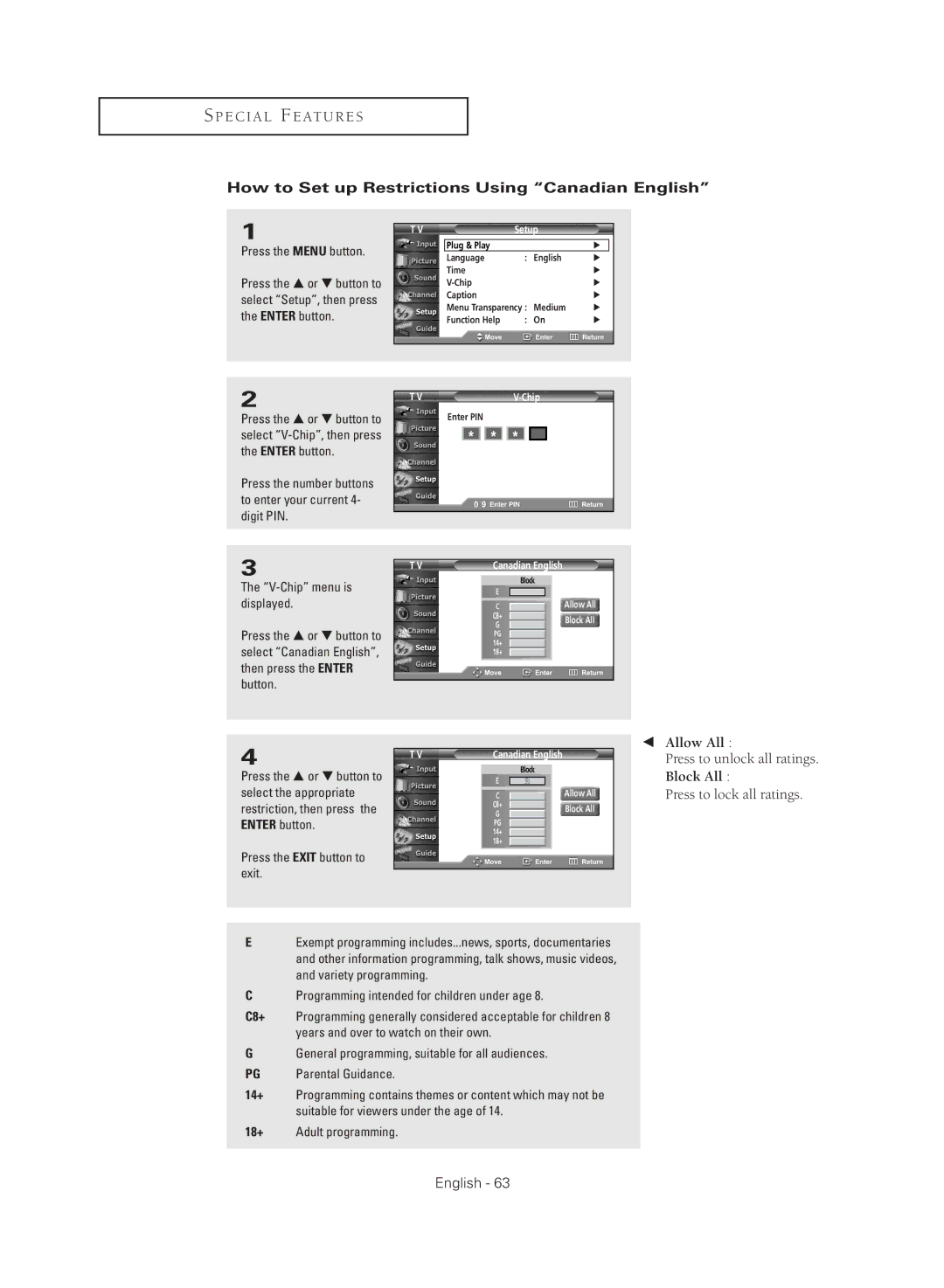 Samsung TX R2779H manual How to Set up Restrictions Using Canadian English, SetupSetup 