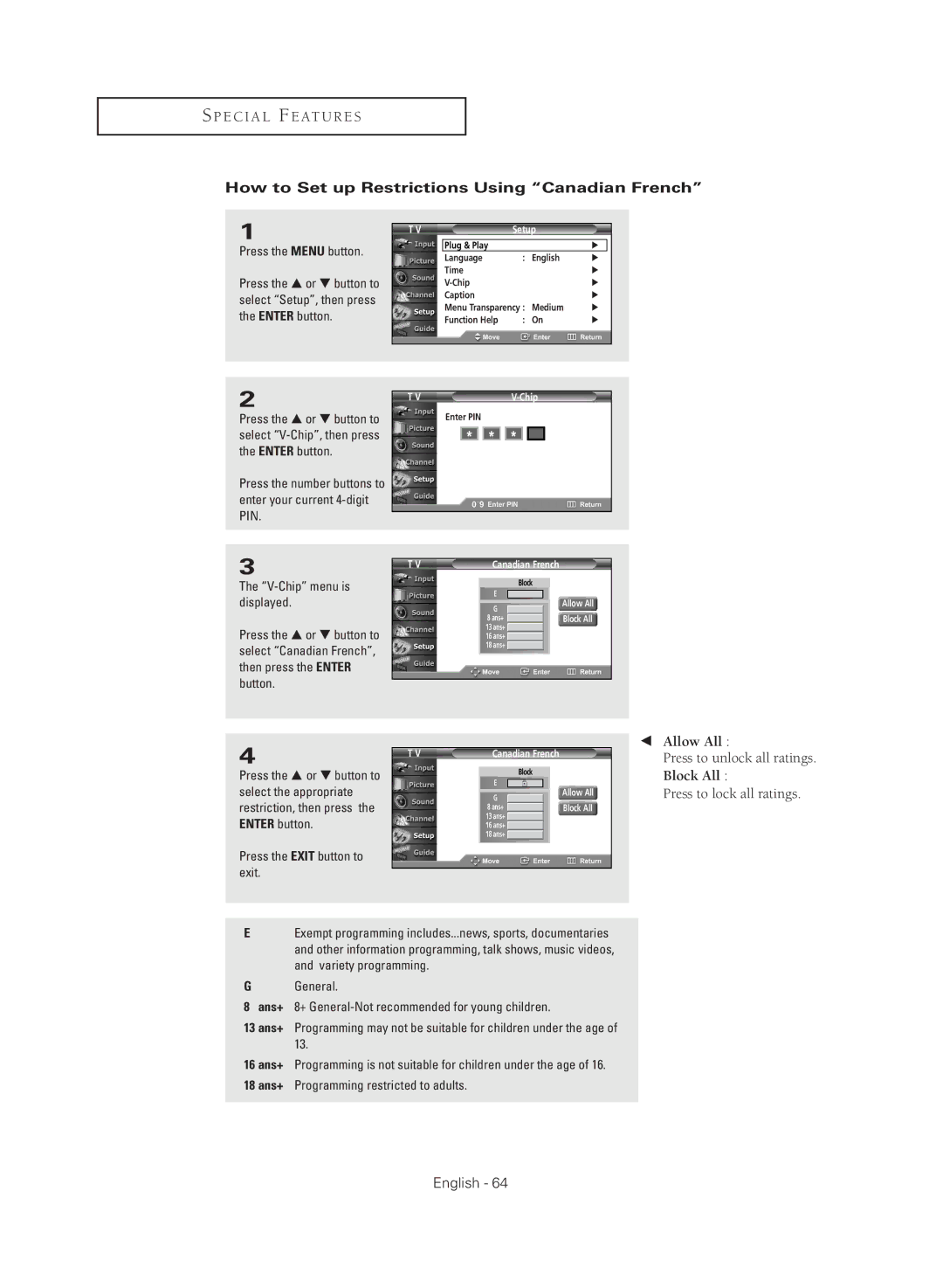 Samsung TX R2779H manual How to Set up Restrictions Using Canadian French, V-Chip menu is, Select the appropriate 