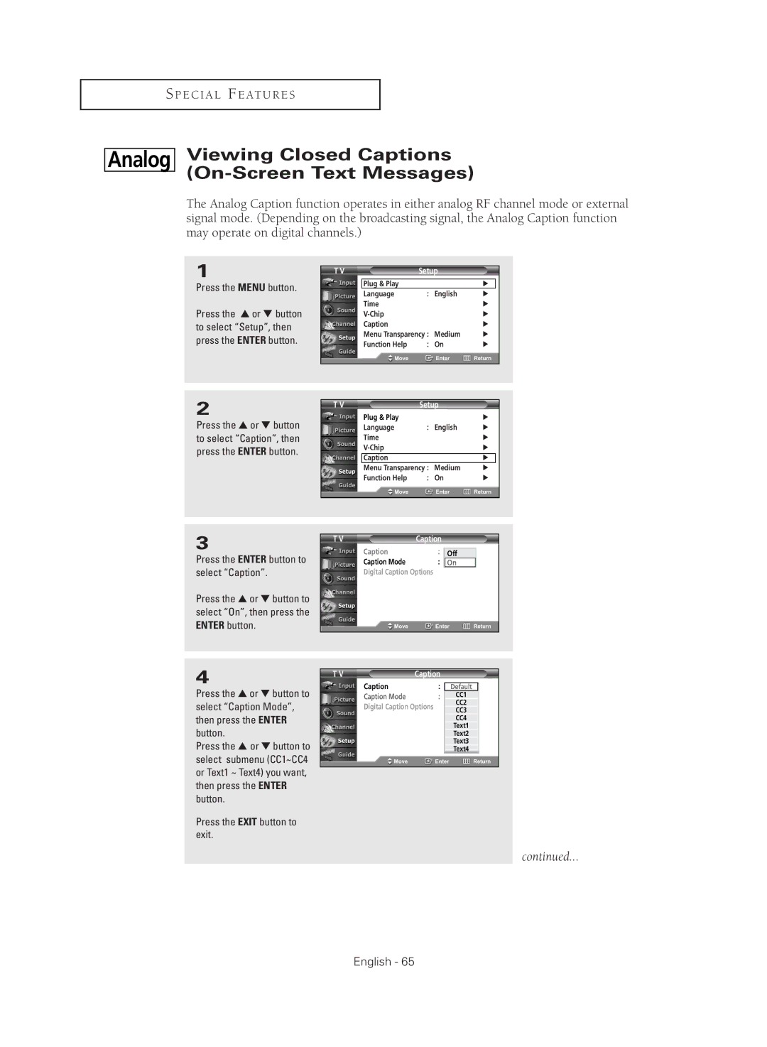 Samsung TX R2779H manual Viewing Closed Captions On-Screen Text Messages, Setup 