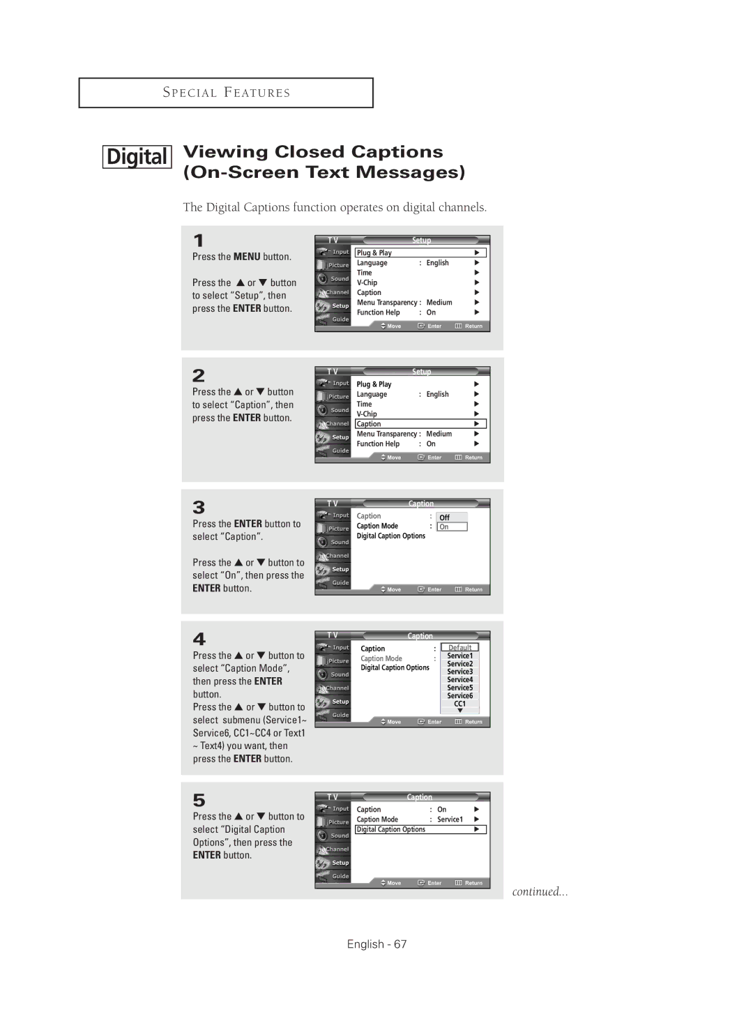 Samsung TX R2779H manual Digital Captions function operates on digital channels 