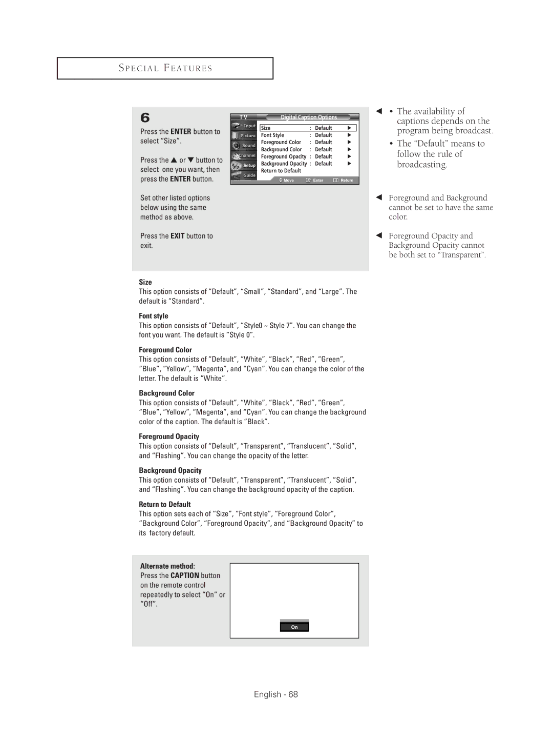 Samsung TX R2779H manual Press the Enter button to select Size, Digital Caption Options 