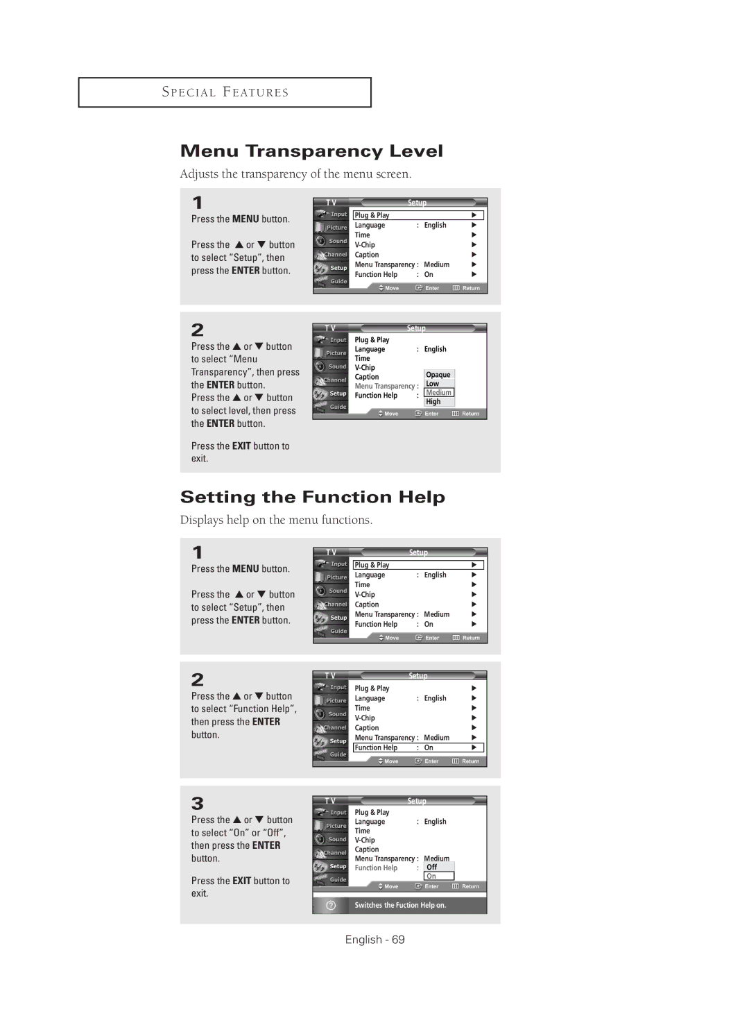 Samsung TX R2779H manual Menu Transparency Level, Setting the Function Help, Adjusts the transparency of the menu screen 