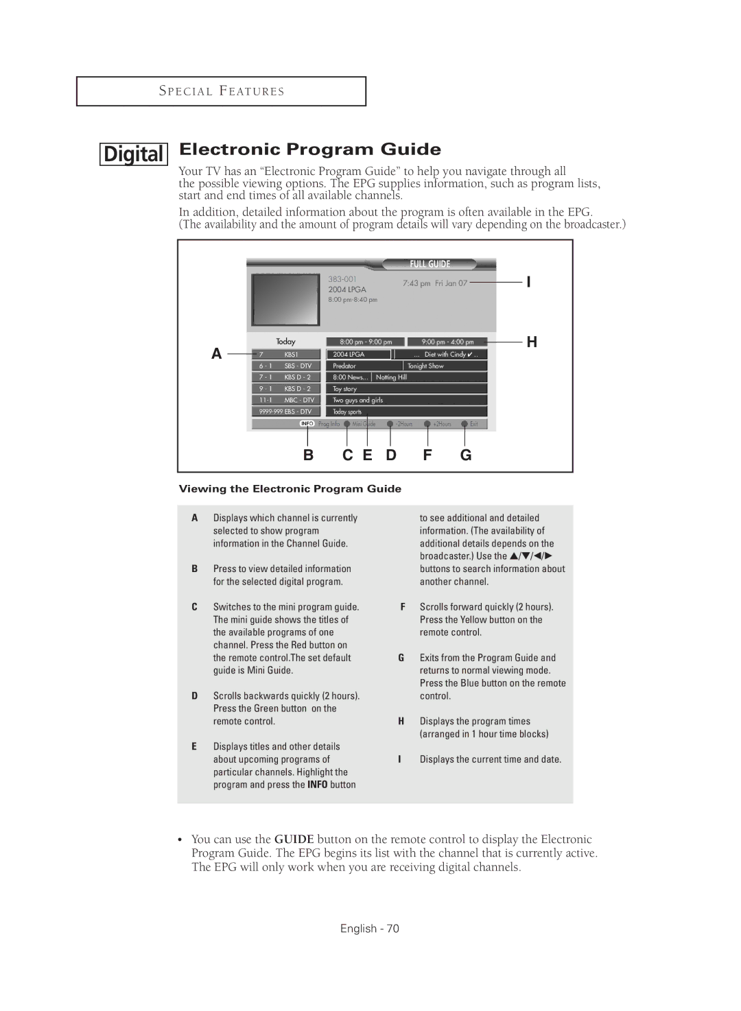 Samsung TX R2779H manual Electronic Program Guide, Displays the current time and date 