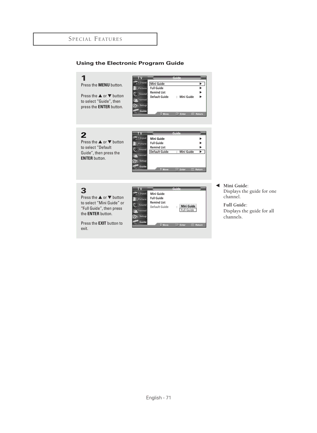 Samsung TX R2779H Using the Electronic Program Guide, Press the or button, To select Guide, then Press the Enter button 