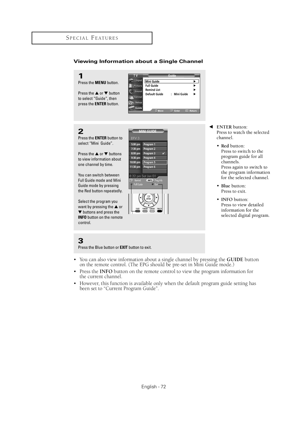 Samsung TX R2779H Viewing Information about a Single Channel, Buttons and press the Info button on the remote control 