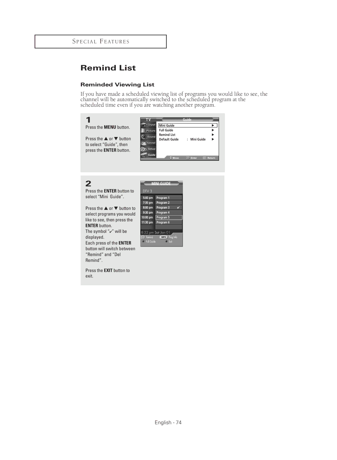 Samsung TX R2779H manual Remind List, Reminded Viewing List, Symbol will be displayed 