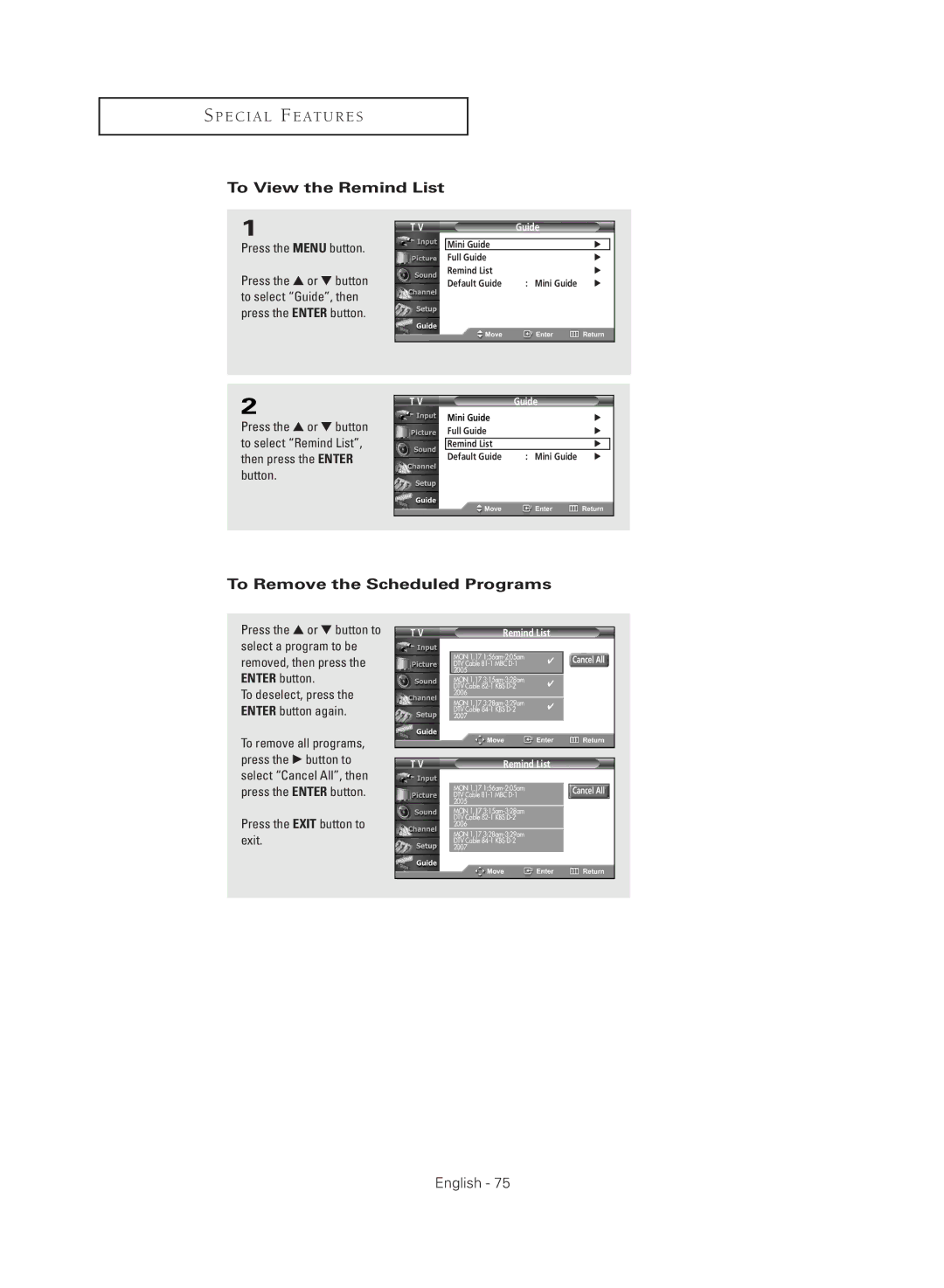 Samsung TX R2779H manual To View the Remind List, To Remove the Scheduled Programs 