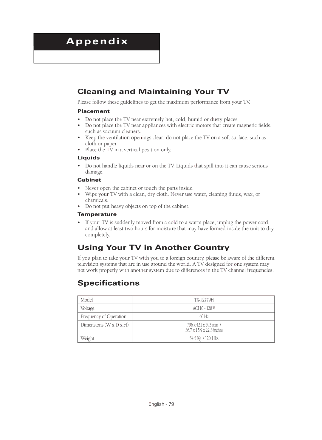 Samsung TX R2779H manual Cleaning and Maintaining Your TV, Using Your TV in Another Country, Specifications, Weight 