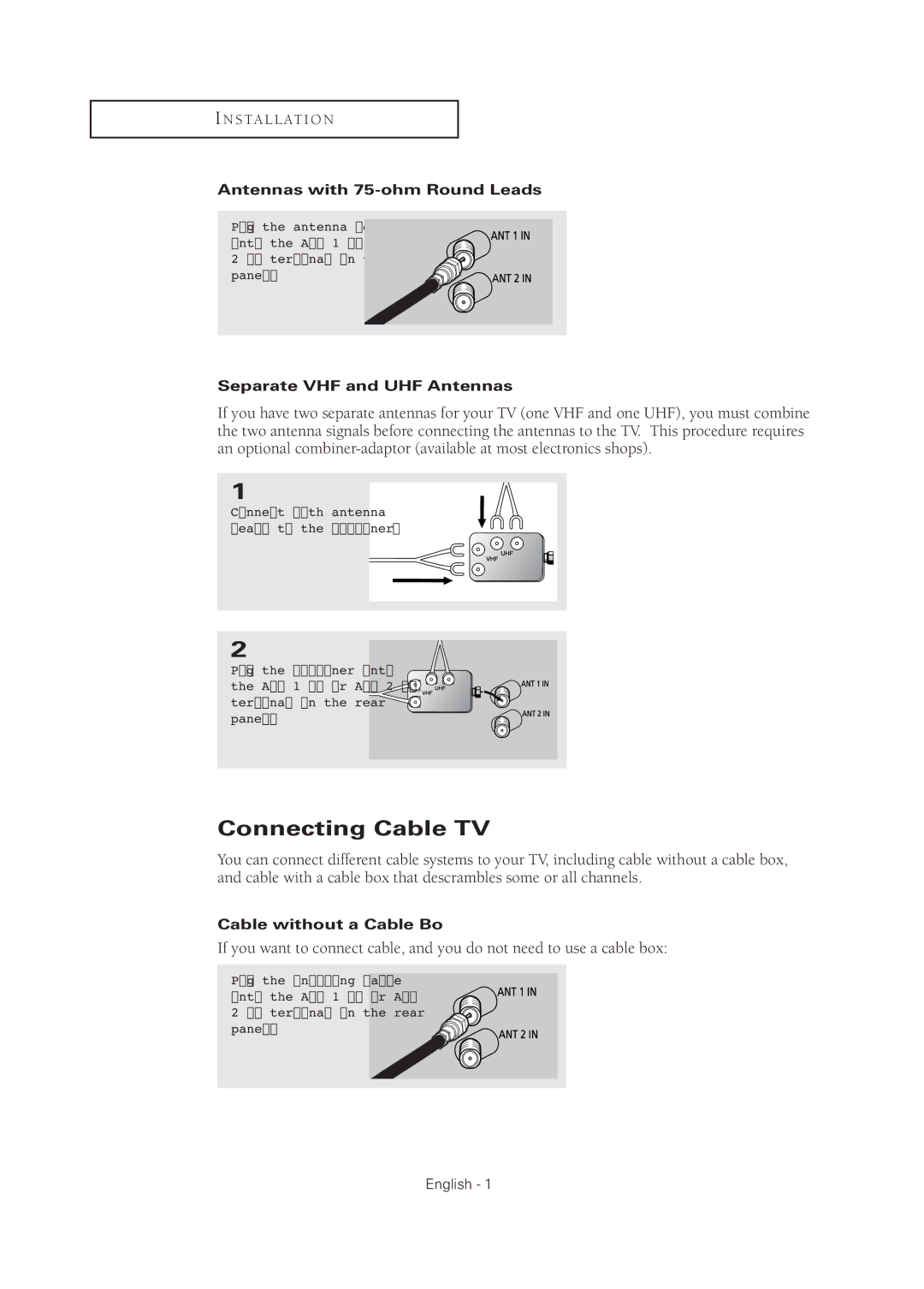 Samsung TX R3075WH, TX R2678WH manual Connecting Cable TV, Antennas with 75-ohm Round Leads, Separate VHF and UHF Antennas 