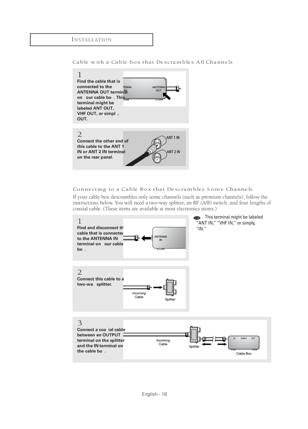 Samsung TX R2678WH manual Cable with a Cable box that Descrambles All Channels, Connect this cable to a two-way splitter 