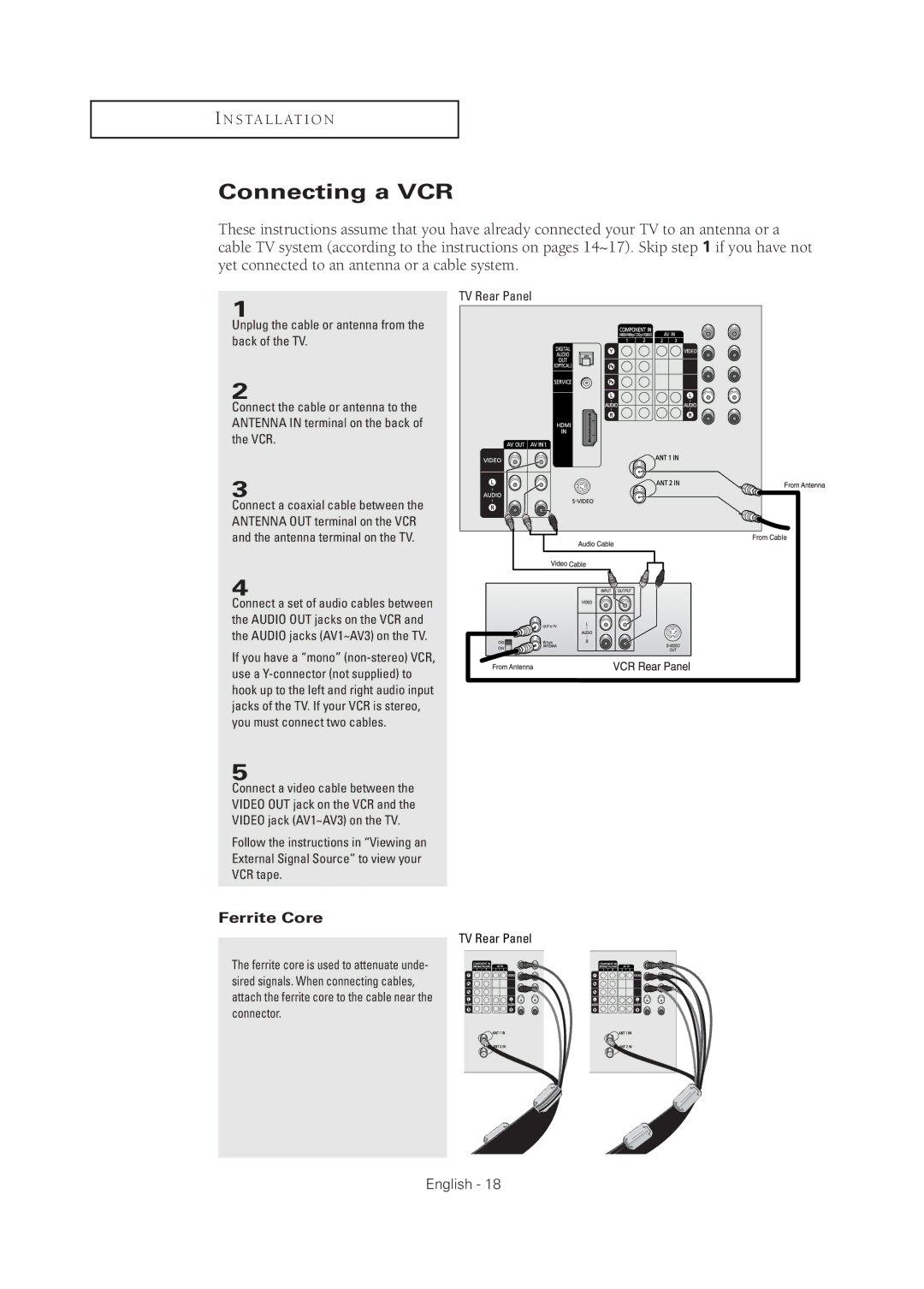 Samsung TX R3075WH, TX R2678WH, TX-R2675WH, TX-R2678WH, TX-R3075WH manual Connecting a VCR, Ferrite Core 