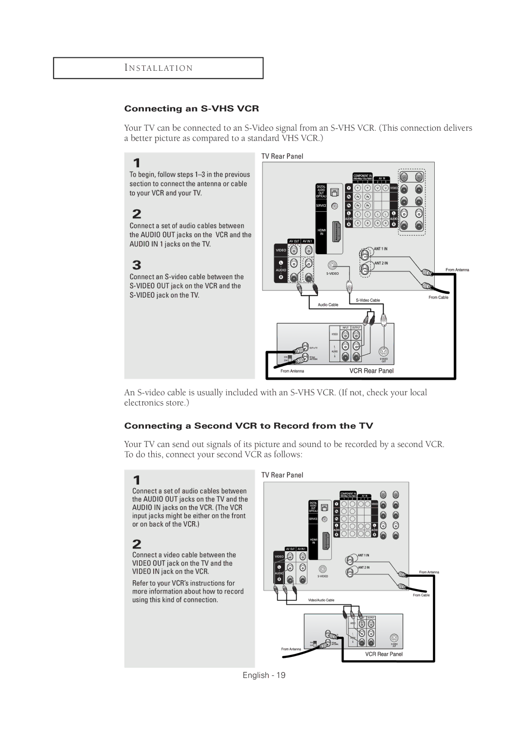 Samsung TX R2678WH, TX R3075WH manual Connecting an S-VHS VCR, Connecting a Second VCR to Record from the TV, TV Rear Panel 