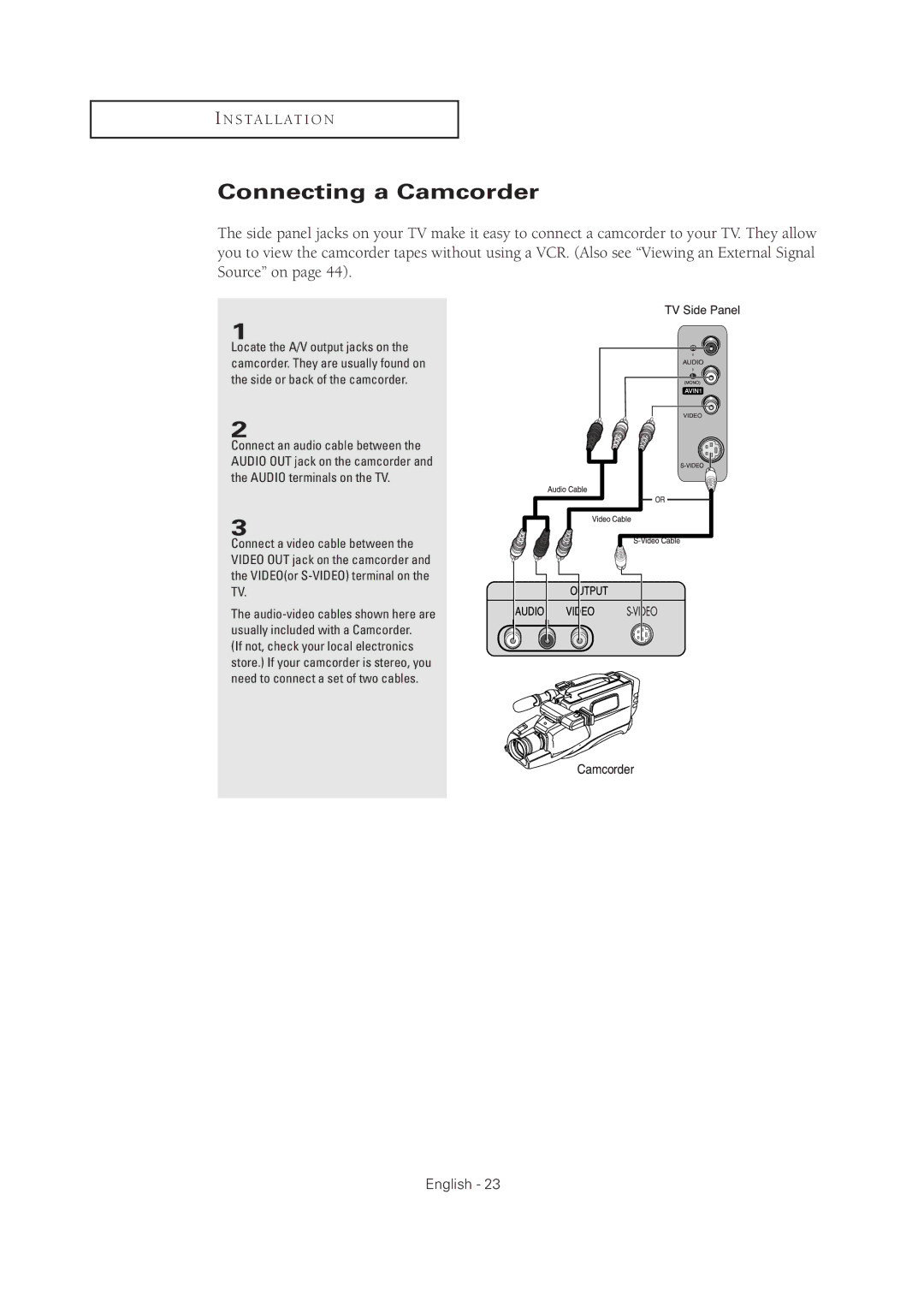 Samsung TX-R2675WH, TX-R2678WH, TX-R3075WH, TX R3075WH, TX R2678WH manual Connecting a Camcorder 