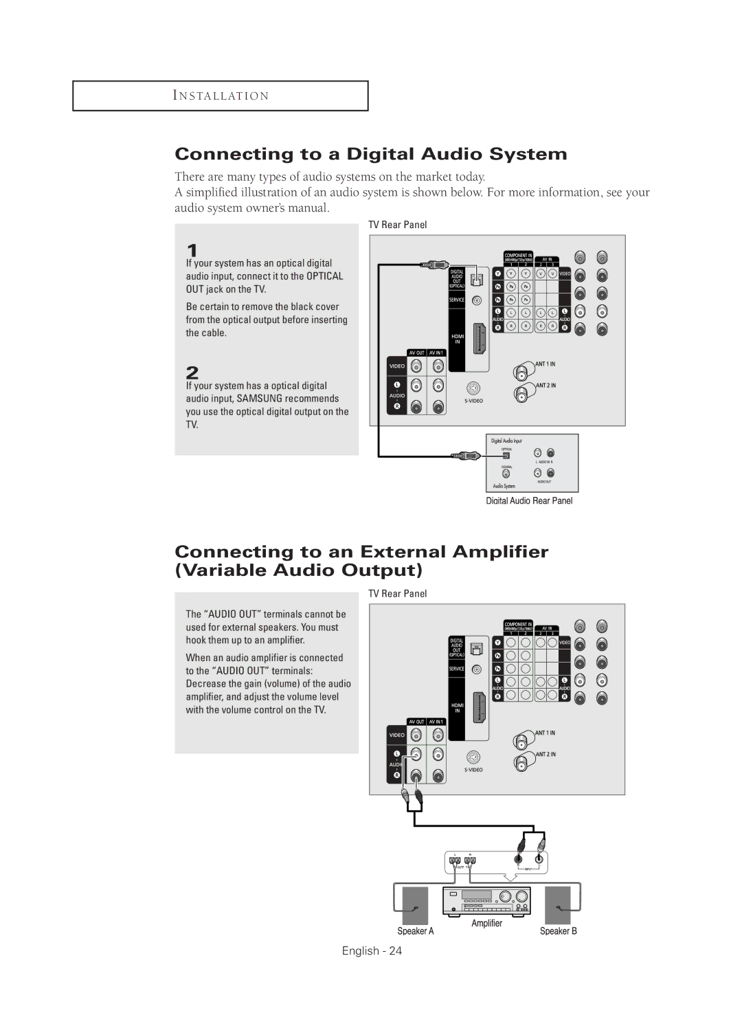 Samsung TX R3075WH manual Connecting to a Digital Audio System, Connecting to an External Amplifier Variable Audio Output 