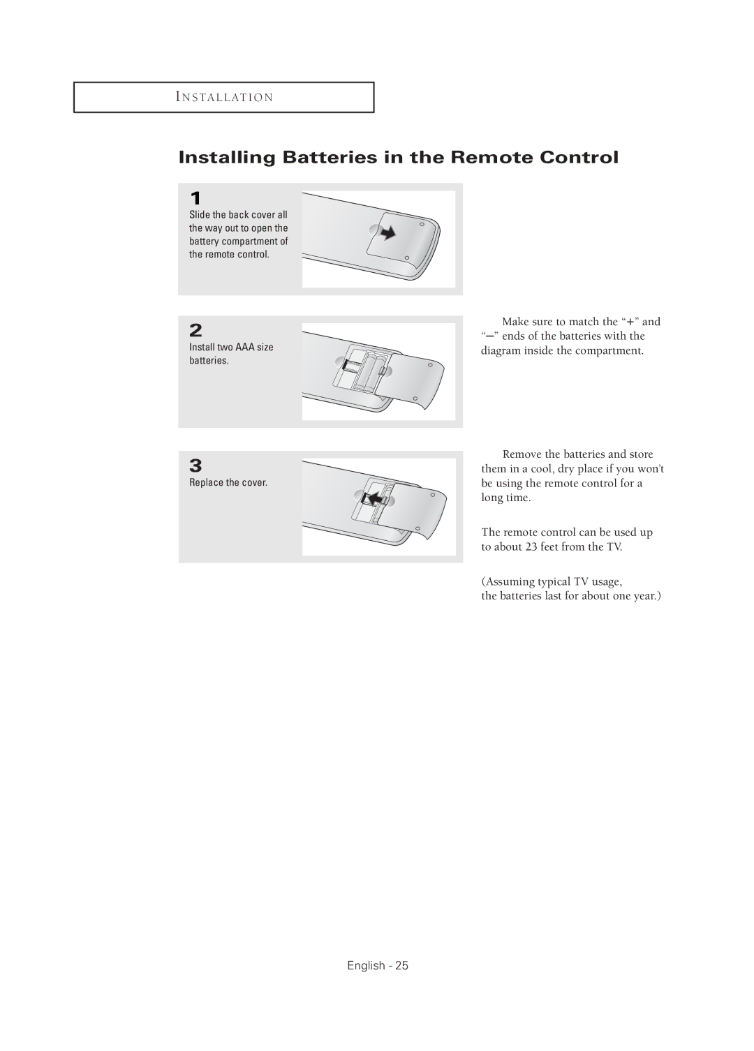 Samsung TX R2678WH manual Installing Batteries in the Remote Control, Install two AAA size batteries Replace the cover 