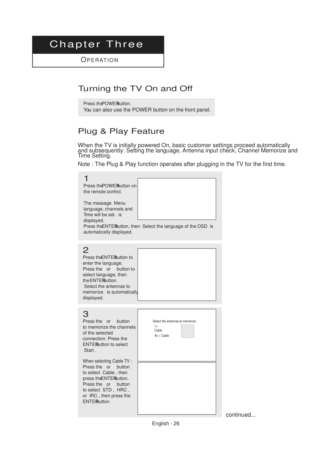 Samsung TX-R2675WH, TX-R2678WH, TX-R3075WH manual Turning the TV On and Off, Plug & Play Feature, Press the Power button 