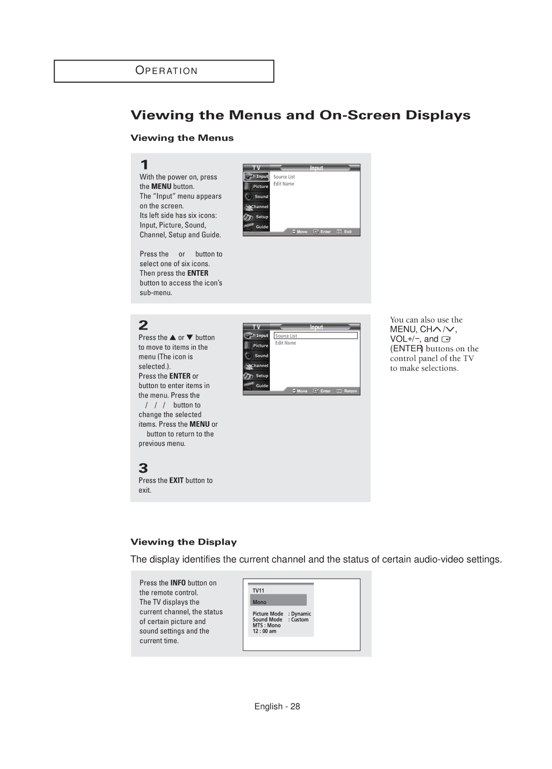 Samsung TX R2678WH manual Viewing the Menus and On-Screen Displays, Viewing the Display, Input menu appears on the screen 