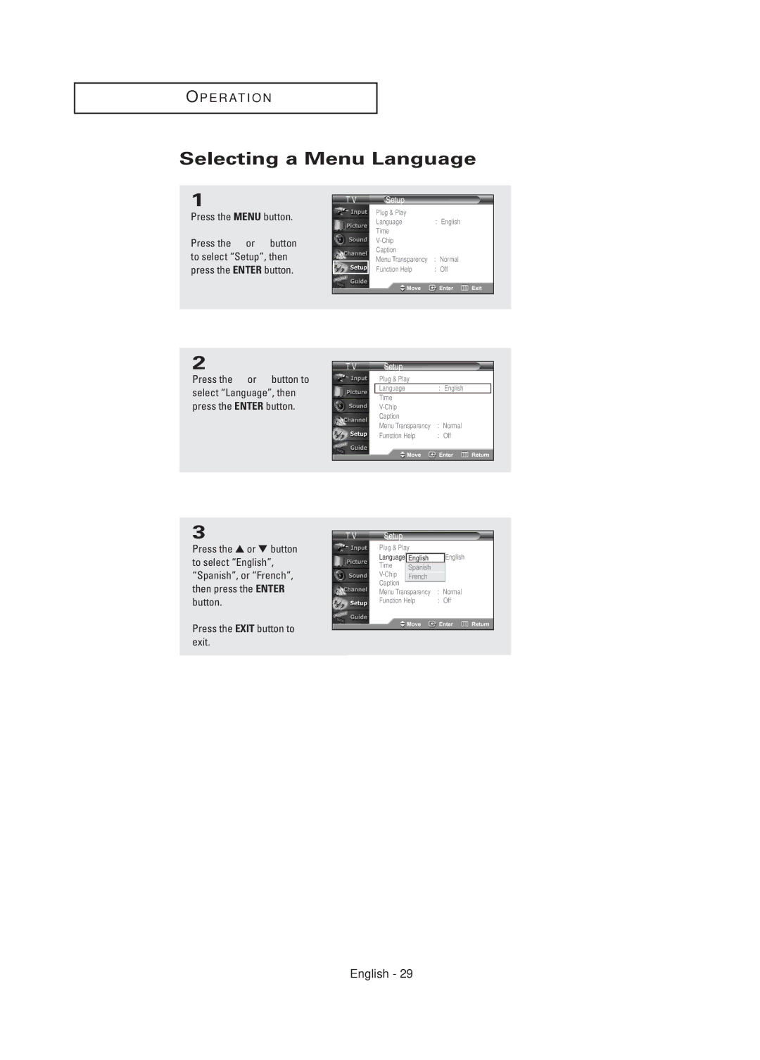 Samsung TX-R2675WH, TX-R2678WH, TX-R3075WH, TX R3075WH, TX R2678WH manual Selecting a Menu Language, Press the Menu button 