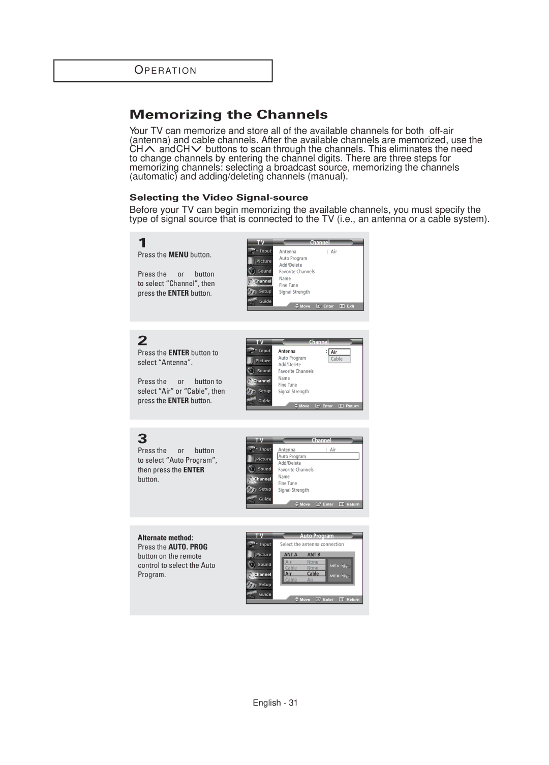 Samsung TX R2678WH, TX R3075WH manual Memorizing the Channels, Selecting the Video Signal-source 