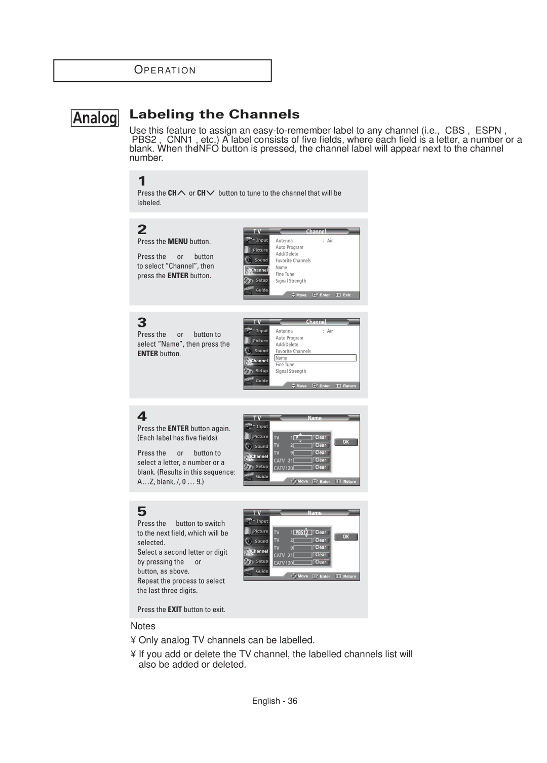 Samsung TX R3075WH, TX R2678WH, TX-R2675WH, TX-R2678WH, TX-R3075WH manual Analog, Labeling the Channels 