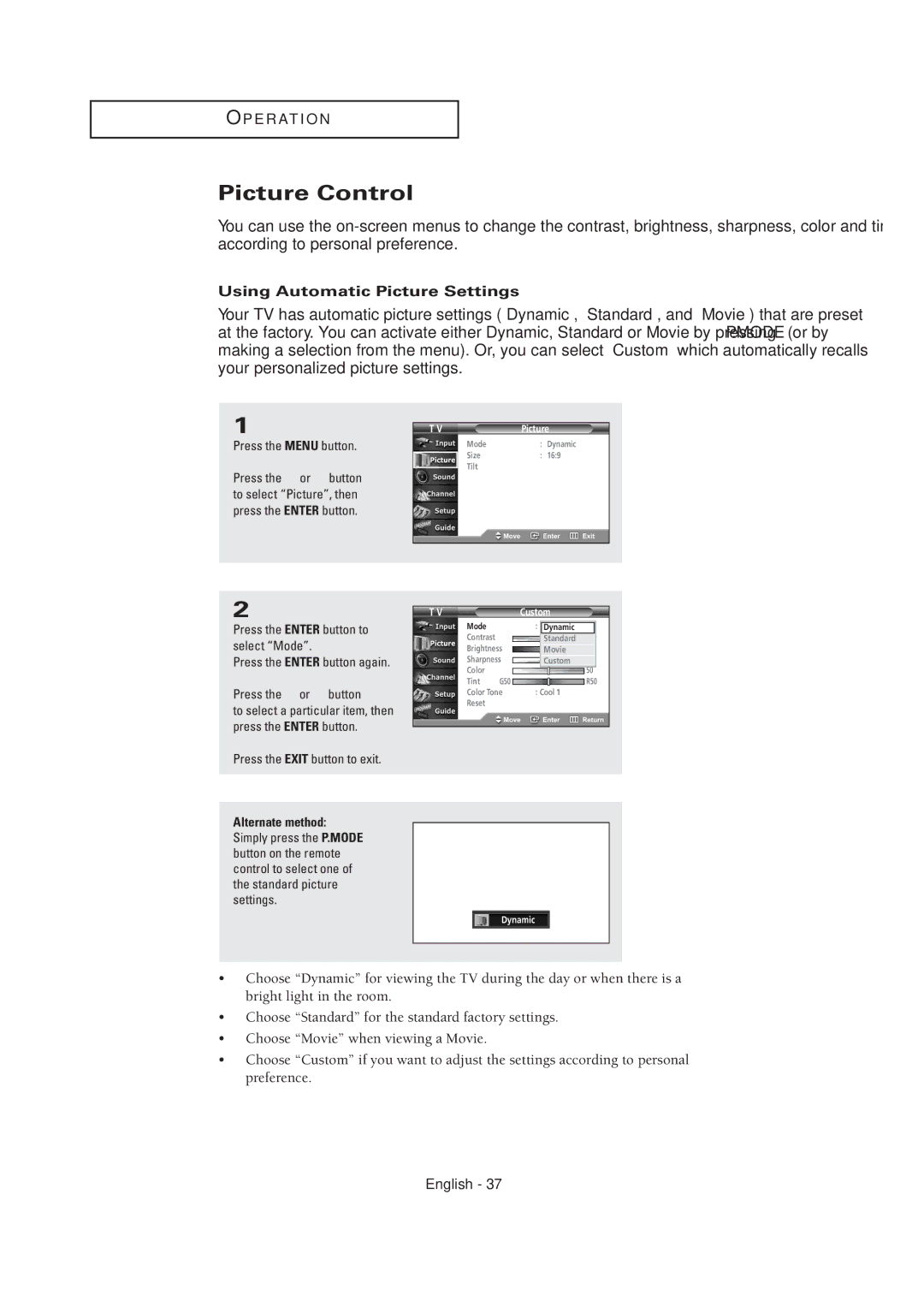 Samsung TX R2678WH, TX R3075WH, TX-R2675WH, TX-R2678WH, TX-R3075WH manual Picture Control, Using Automatic Picture Settings 