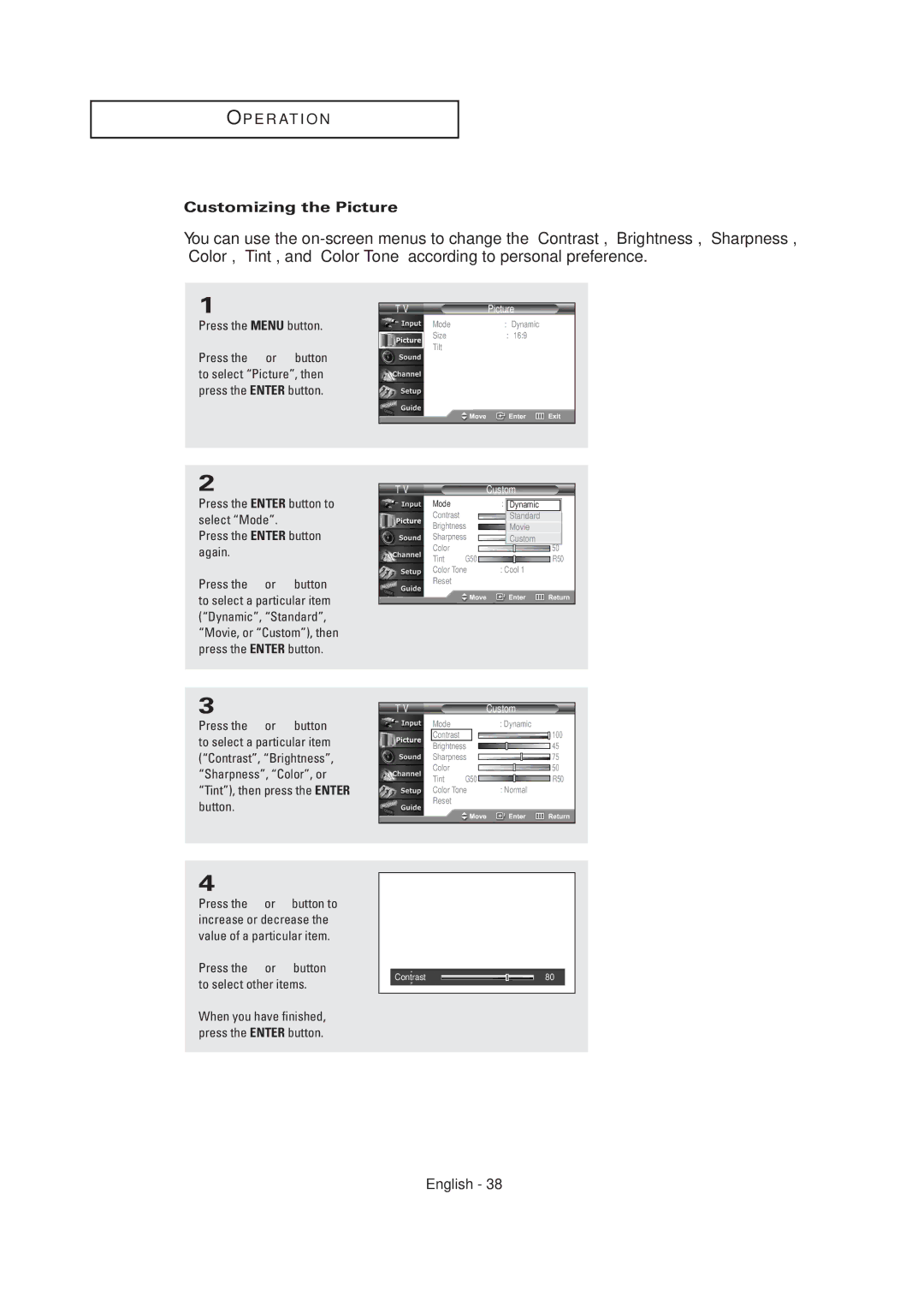 Samsung TX-R2675WH, TX-R2678WH, TX-R3075WH, TX R3075WH, TX R2678WH manual Customizing the Picture 