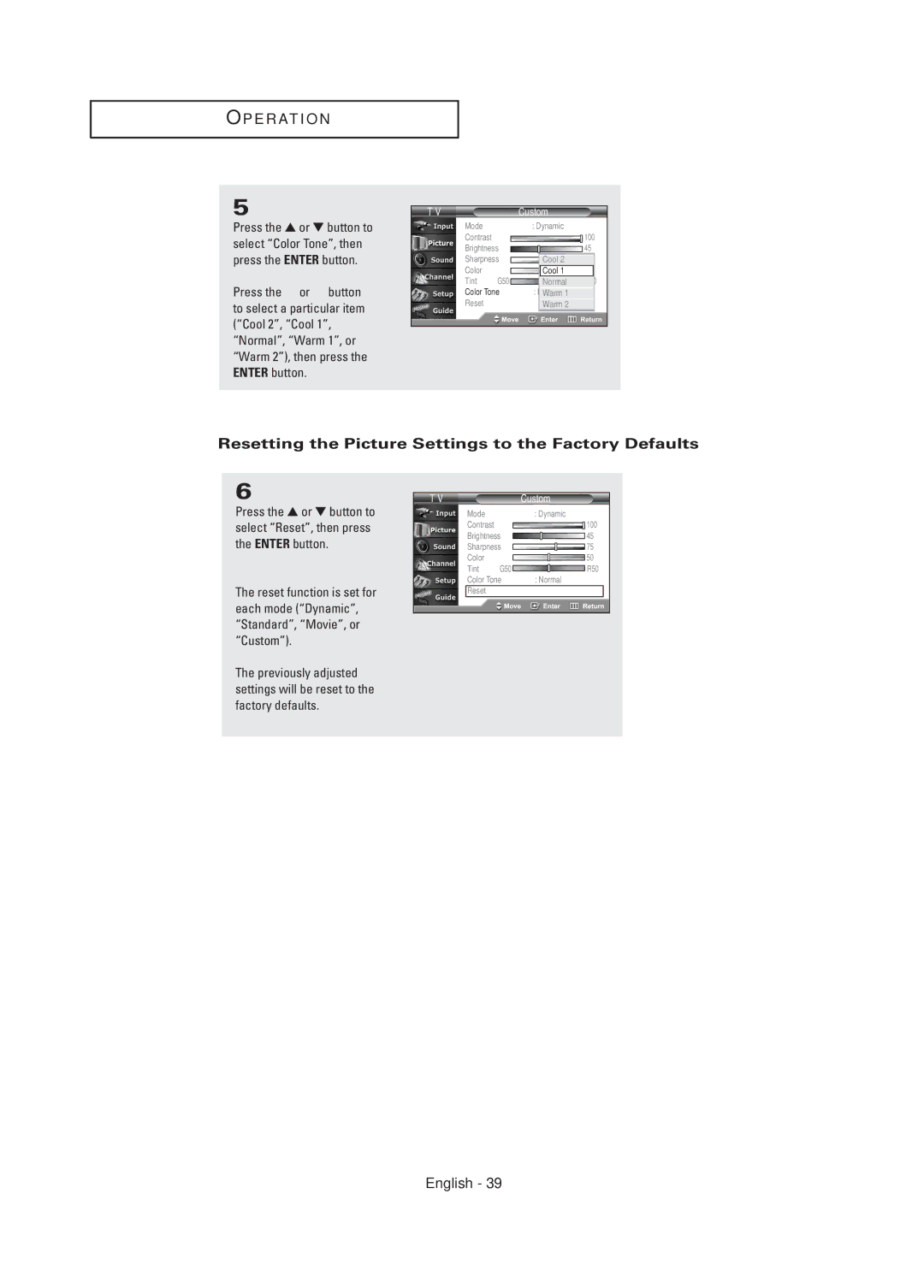 Samsung TX R3075WH, TX R2678WH, TX-R2675WH, TX-R2678WH, TX-R3075WH Resetting the Picture Settings to the Factory Defaults 