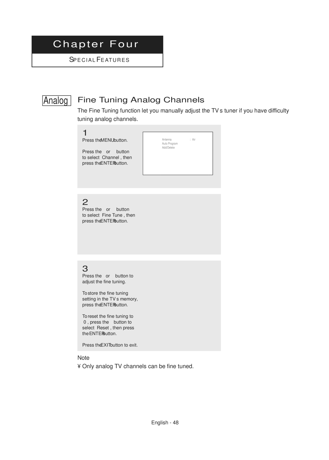 Samsung TX R3075WH, TX R2678WH manual Fine Tuning Analog Channels, Press the œ or √ button to adjust the fine tuning 