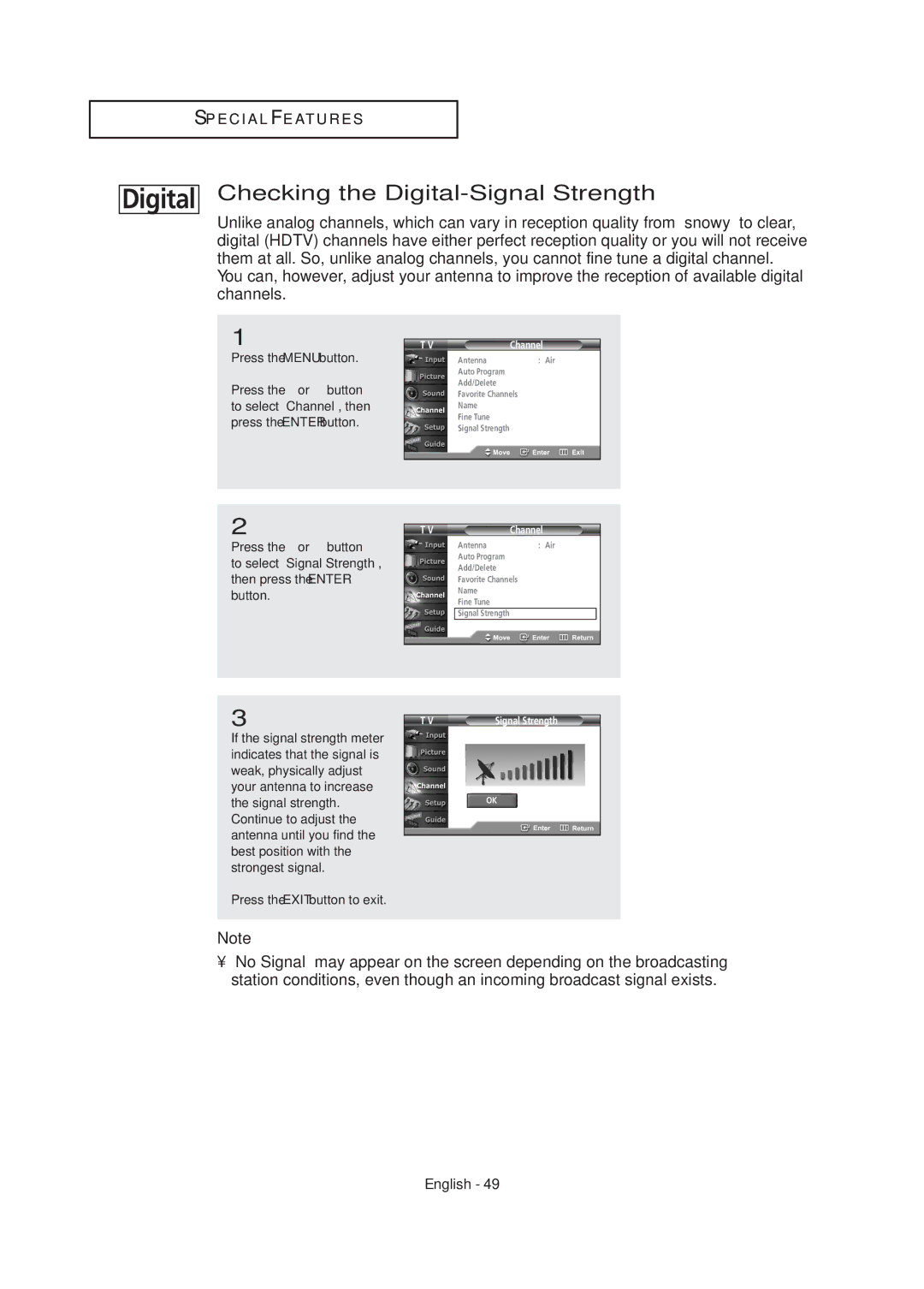 Samsung TX R2678WH, TX R3075WH, TX-R2675WH, TX-R2678WH, TX-R3075WH manual Checking the Digital-Signal Strength 