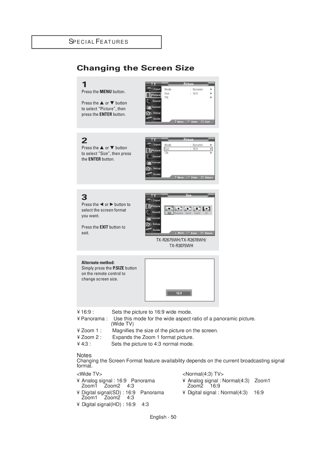 Samsung TX-R2675WH, TX-R2678WH, TX-R3075WH, TX R3075WH manual Changing the Screen Size, TX-R2675WH/TX-R2678WH TX-R3075WH 