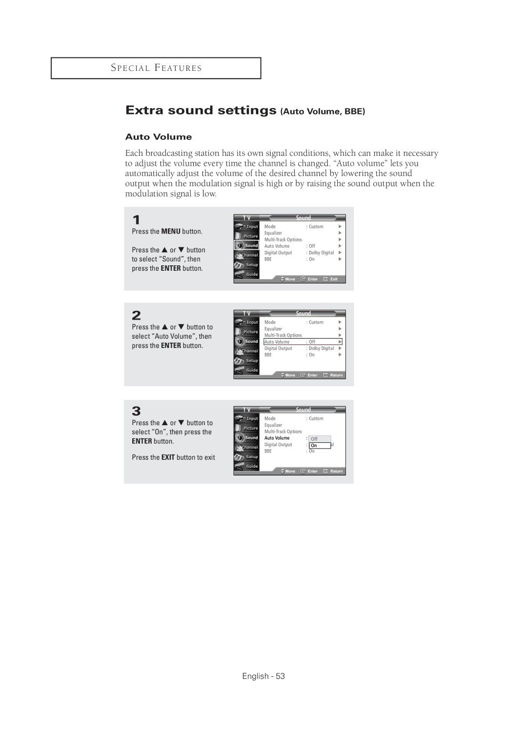 Samsung TX-R2675WH, TX-R2678WH, TX-R3075WH, TX R3075WH, TX R2678WH manual Extra sound settings Auto Volume, BBE 