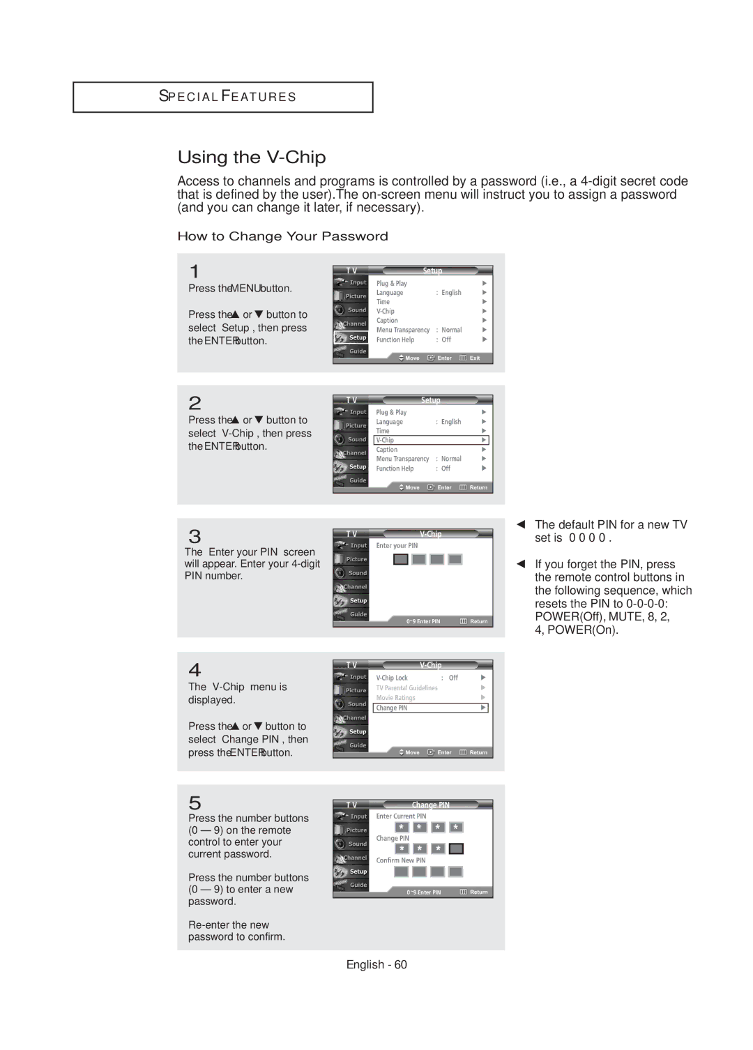 Samsung TX R3075WH Using the V-Chip, How to Change Your Password, Press the number buttons 0 9 to enter a new password 