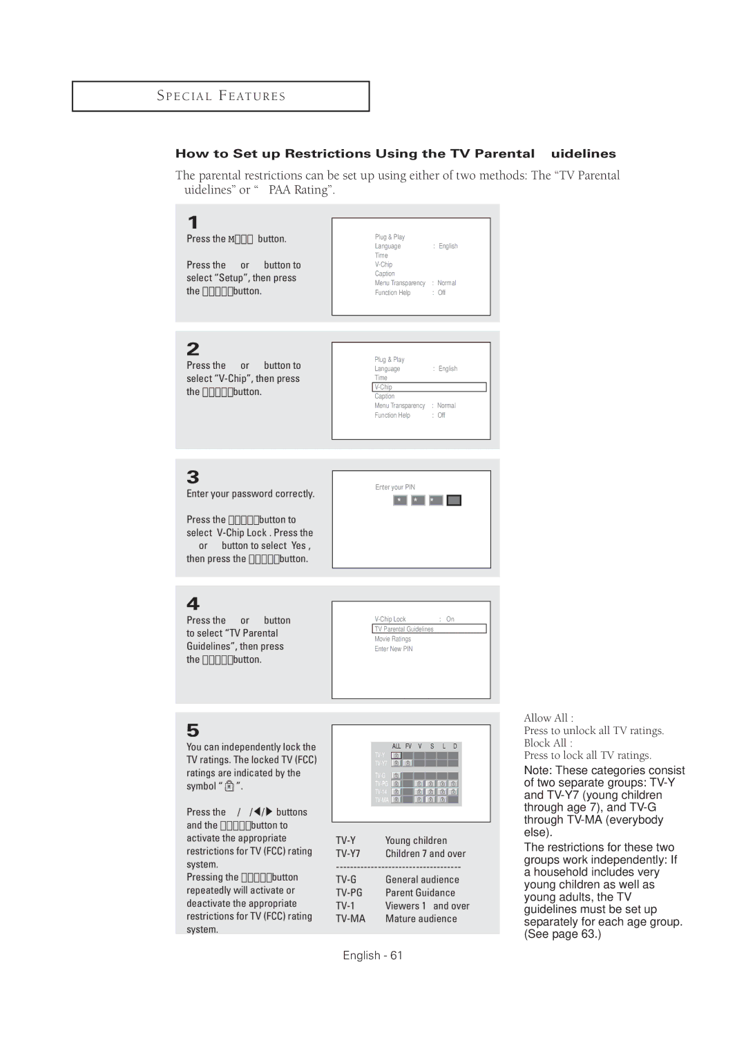 Samsung TX R2678WH, TX R3075WH manual How to Set up Restrictions Using the TV Parental Guidelines 