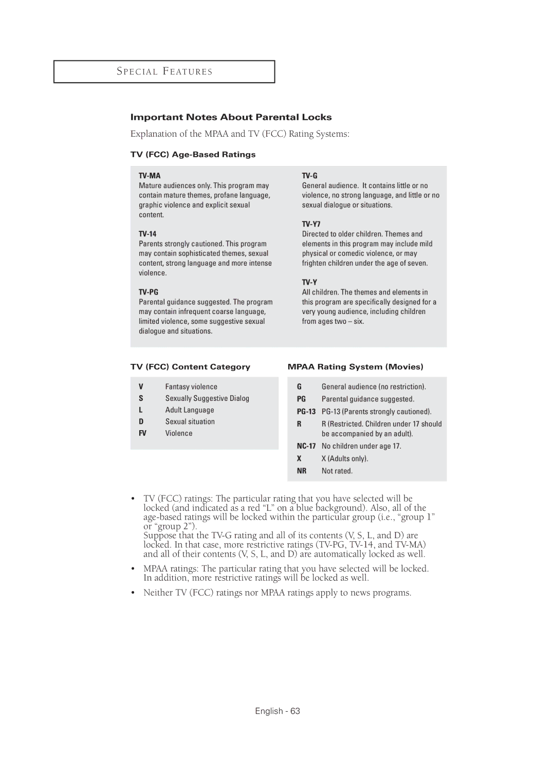 Samsung TX R3075WH, TX R2678WH manual Important Notes About Parental Locks, General audience no restriction 