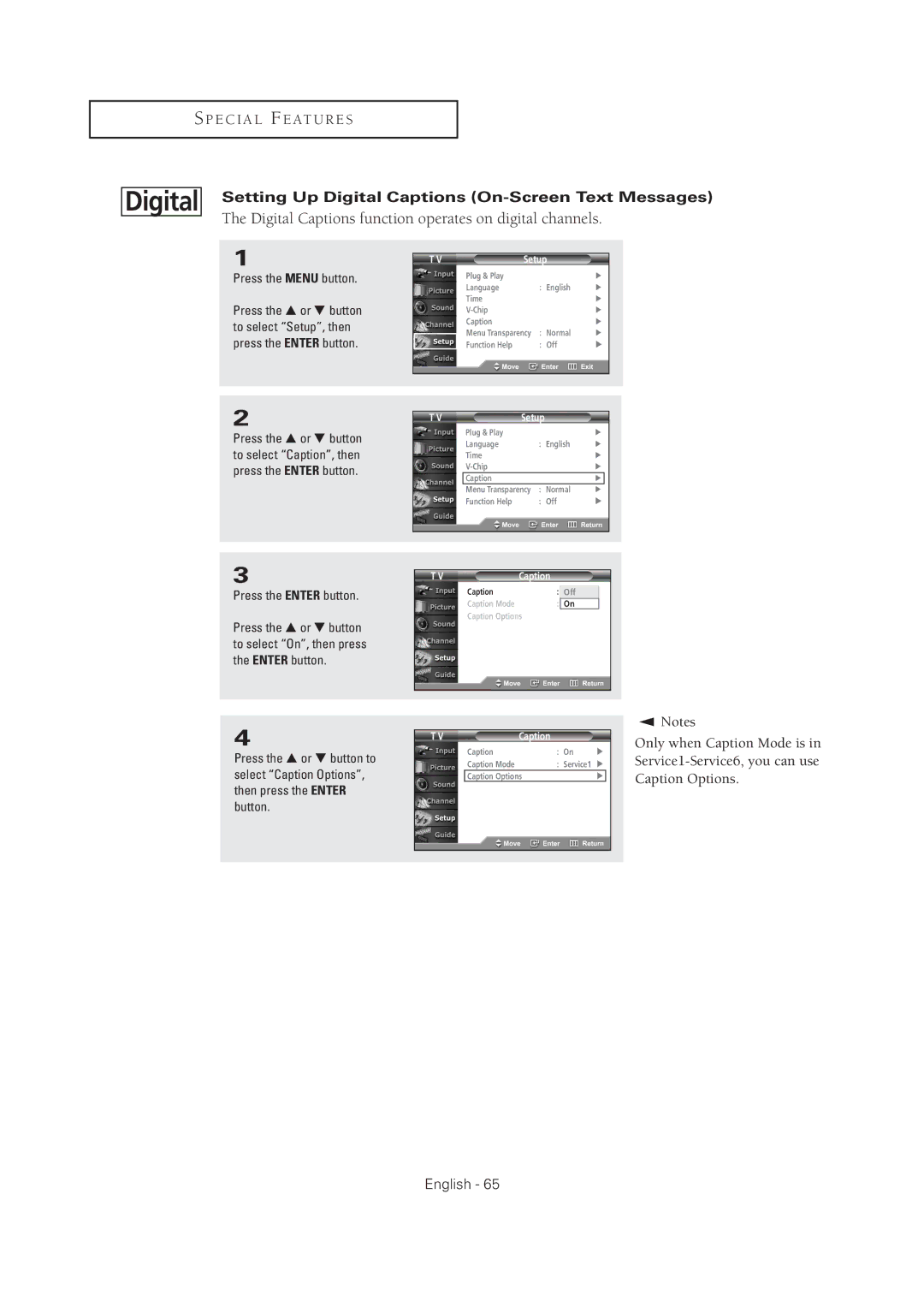 Samsung TX-R2675WH, TX-R2678WH, TX-R3075WH, TX R3075WH, TX R2678WH Digital Captions function operates on digital channels 